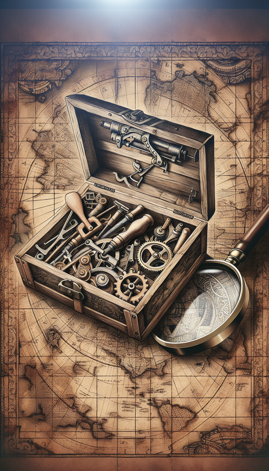An illustration depicts a weathered, open treasure chest with a magnifying glass hovering above it, revealing a spectral overlay of intricate patterns that identify different antique tools within, such as a hand-crank drill and a wooden plane. The chest sits atop an ancient map, with the magnifying glass casting a light shaped like a key, symbolizing the unlocking of historical knowledge.