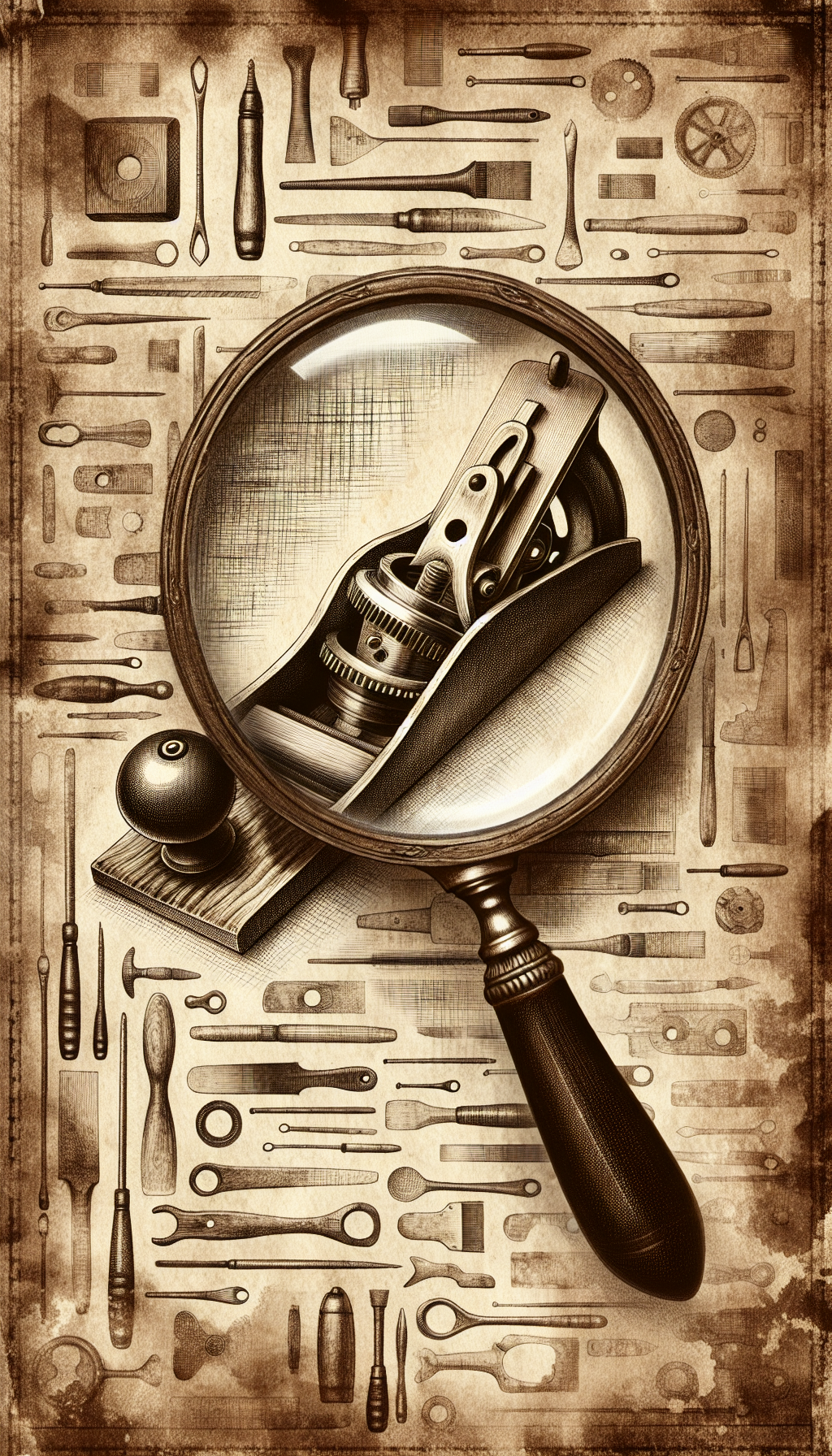 A textured, sepia-toned sketch of a magnifying glass hovered over a vintage woodworking plane, with half revealing the shiny, intricate gears underneath the patina, and the other half displaying the time-worn, rusty exterior. Subtle outlines of various antique tools fade into the aged paper background, symbolizing the quest to identify relics of craftsmanship through the marks of time.