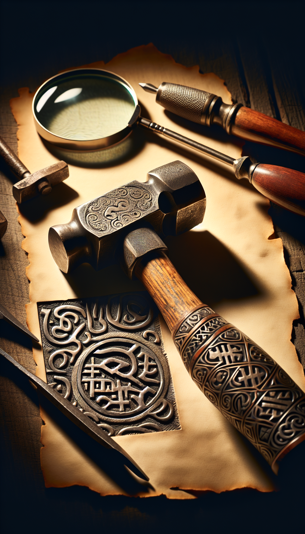 In an elaborate tapestry of metallurgy and history, an ancient hammer rests upon a weathered workbench, its handle inscribed with cryptic maker's marks. The background reveals a magnifying glass focusing on these unique symbols, unraveling their mystery, while shadowy outlines of antique tools fade into the parchment-colored edges, symbolizing the quest to identify relics of craftsmanship from bygone eras.