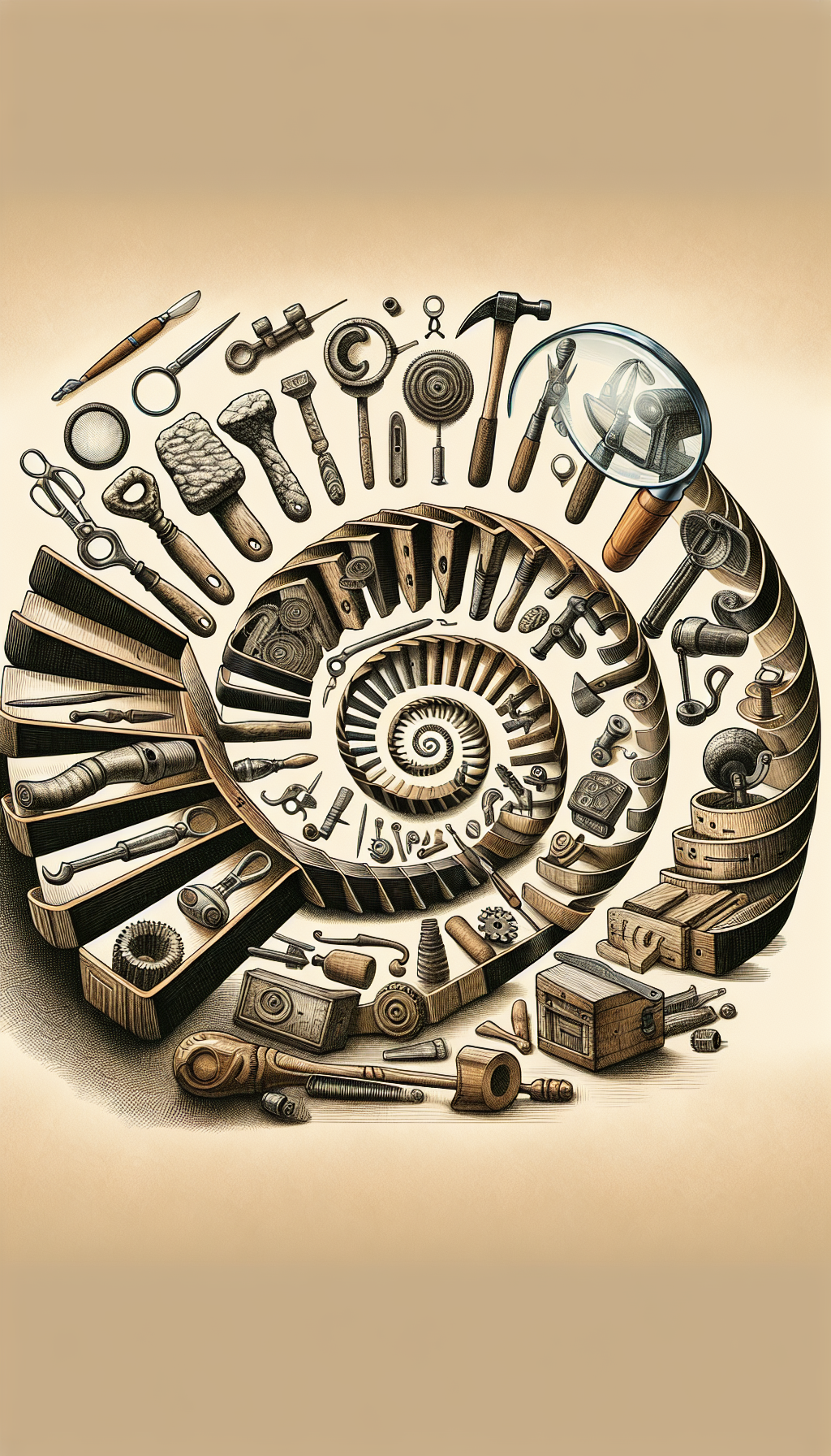 An illustration displaying a spiraling timeline unfurling like a carpenter's tape measure, featuring iconic tools from different eras gradually morphing from primitive to modern versions. Along the spiral, magnifying glasses hover, pinpointing antique tools, each highlighted with a distinct artistic style—stone tools sketched in charcoal, medieval ironwork in etching, and Victorian gears in sepia tones.