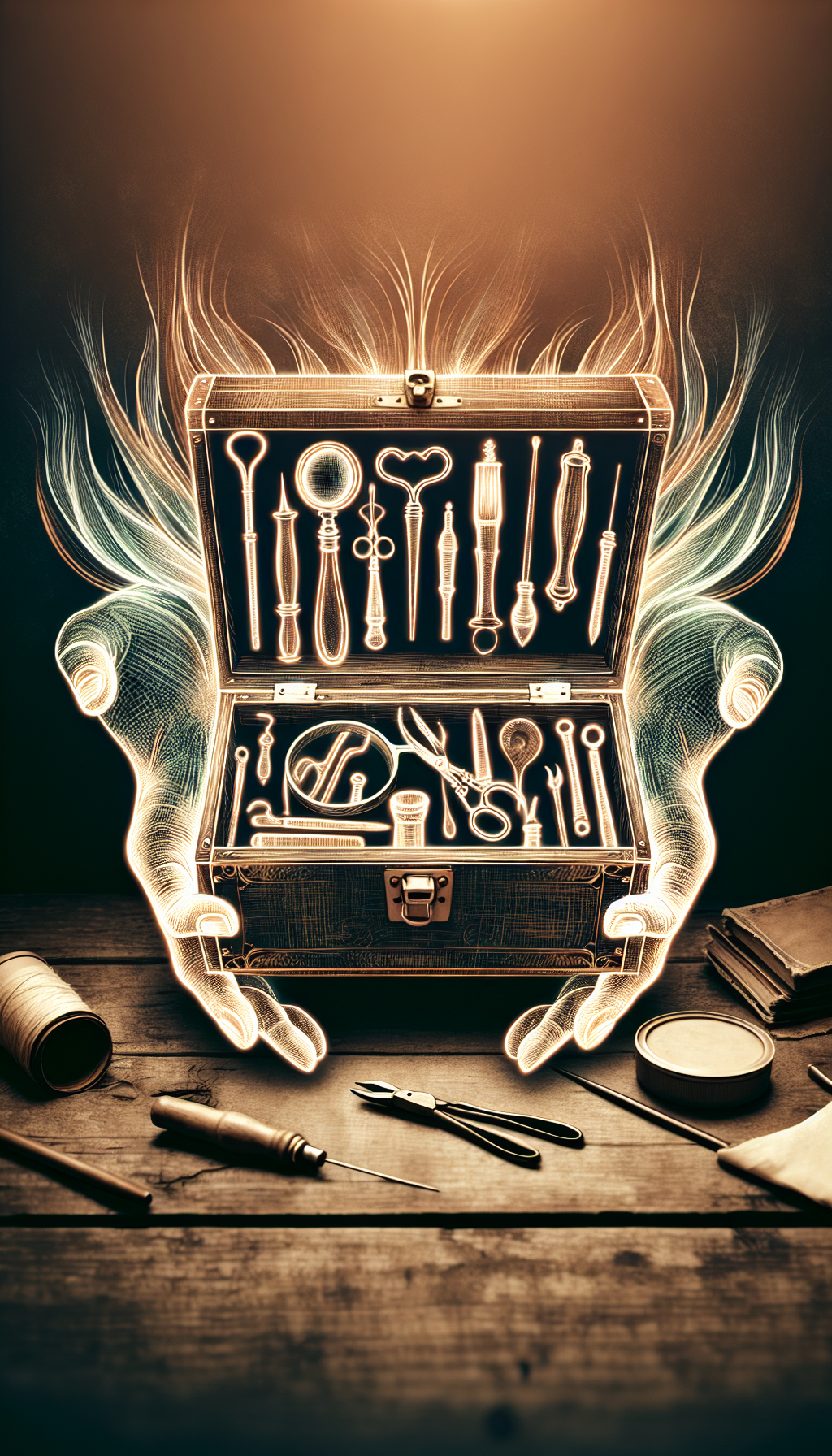 A sepia-toned illustration depicts an open, vintage toolbox with an array of antique tools inside, each with a glowing outline hinting at their unique history. A magnifying glass hovers over, symbolizing identification, while delicate, ethereal hands cradle the tools, illustrating the care and conservation aspect. The scene is set on an old workbench with scattered tool-care guides and preservation oils.