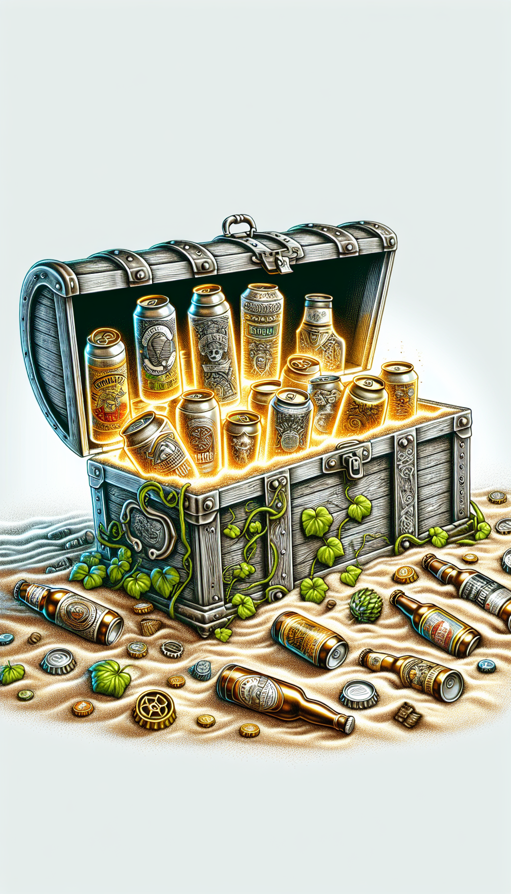 An illustration shows a vintage treasure chest half-buried in sand, brimming with luminescent, intricate old beer cans like precious artifacts, amidst forgotten bottle caps and hops vines. The cans are portrayed in various artistic styles - some in hyper-realism, others as abstract objects or cartoon-like - symbolizing their diverse historical value and collectability in the world of antique ales.