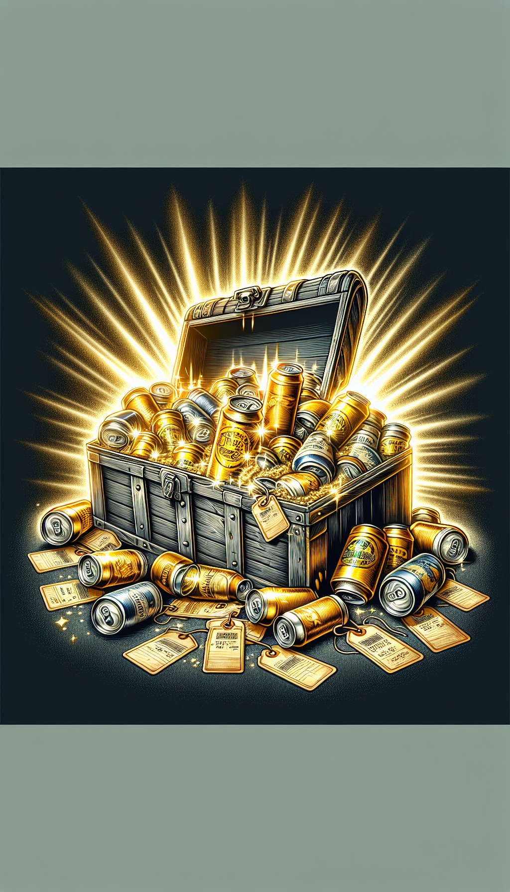 An illustration depicts a gleaming treasure chest overflowing with vintage beer cans, each shimmering like gemstones. Amidst them, a golden can takes center stage with a price tag displaying a hefty sum. Scattered around are faded price tags, emphasizing the transformation from discarded trash to precious collectibles, capturing the essence of the hidden value in old beer cans.