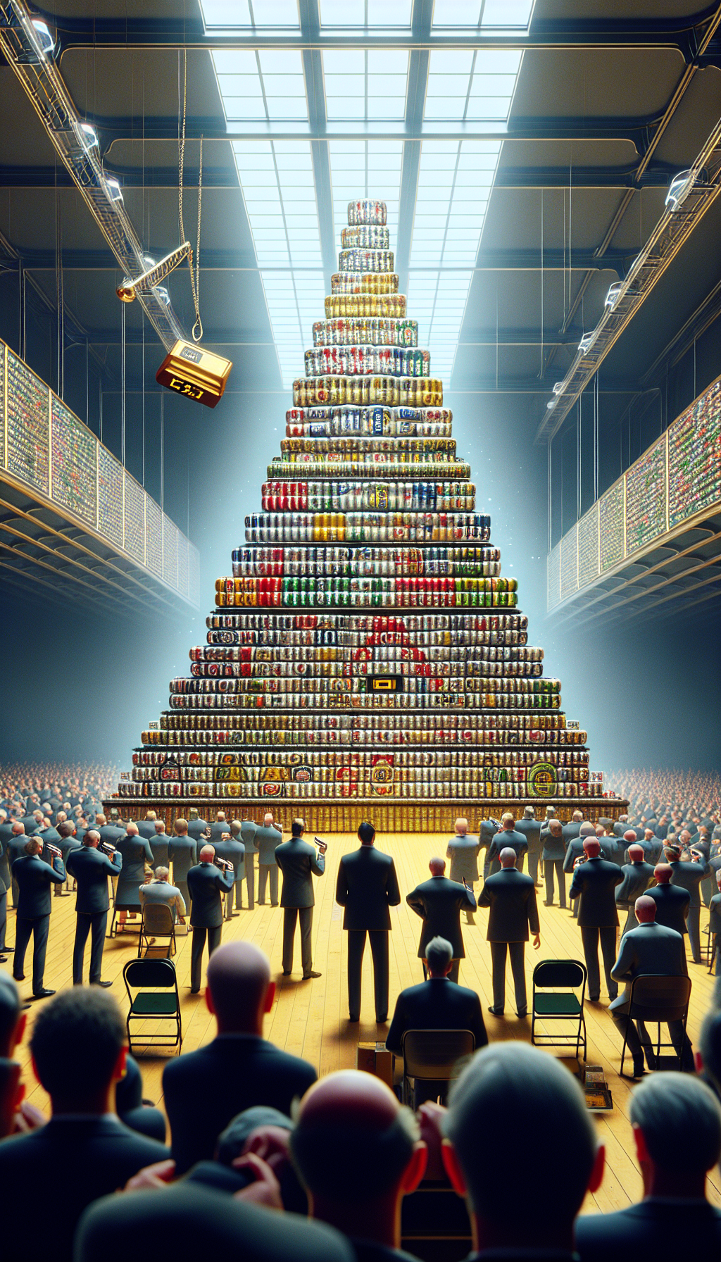 An illustration showcasing a towering, shimmering pyramid of vintage beer cans from floor to ceiling, with collectors and enthusiasts using magnifying glasses to inspect each can's rarity and condition. At the base of the pyramid, a prominent price tag flips dynamically, reflecting fluctuating market values while an auctioneer's gavel hangs mid-air, emphasizing the excitement of the collectible beer can market boom.