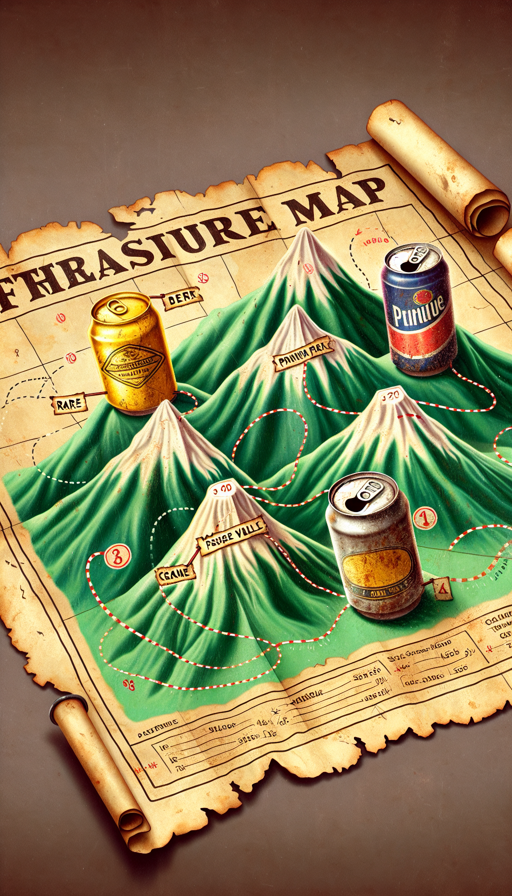 A whimsically detailed treasure map with aged parchment texture unfurls to reveal key landmarks: a gleaming gold beer can labeled 'Rare', a shiny, mint-condition can atop a 'Pristine Peak,' and an ancient, rusted can resting at 'Vintage Valley.' Each landmark is connected by dashed lines and monetary symbols, suggesting a valuation quest for old beer can collectors.