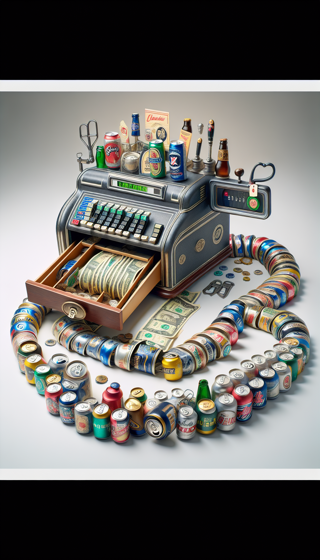 A whimsical vintage cash register sits at the center, its drawer popped open revealing various classic beer cans as currency, with price tags indicating their value. The register screen displays a growing total. Surrounding the register, a scattering of old beer memorabilia—labels, bottle caps, and openers—merges into a flowing ribbon, symbolizing the flow of income from these collectibles.