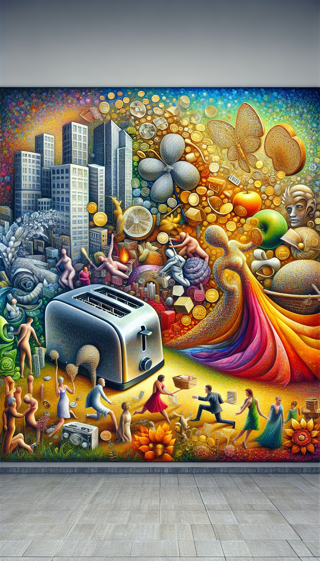 A vibrant tapestry unfurls across a canvas, where daily objects transform into whimsical art forms—a brushed chrome toaster blooms into a metallic flower, a skyscraper melts into a flowing gown—while individuals from different walks of life are intertwined with these artifacts, their expressions serene and uplifted. Golden coins fall like leaves, symbolizing art's enriching value in everyday existence.