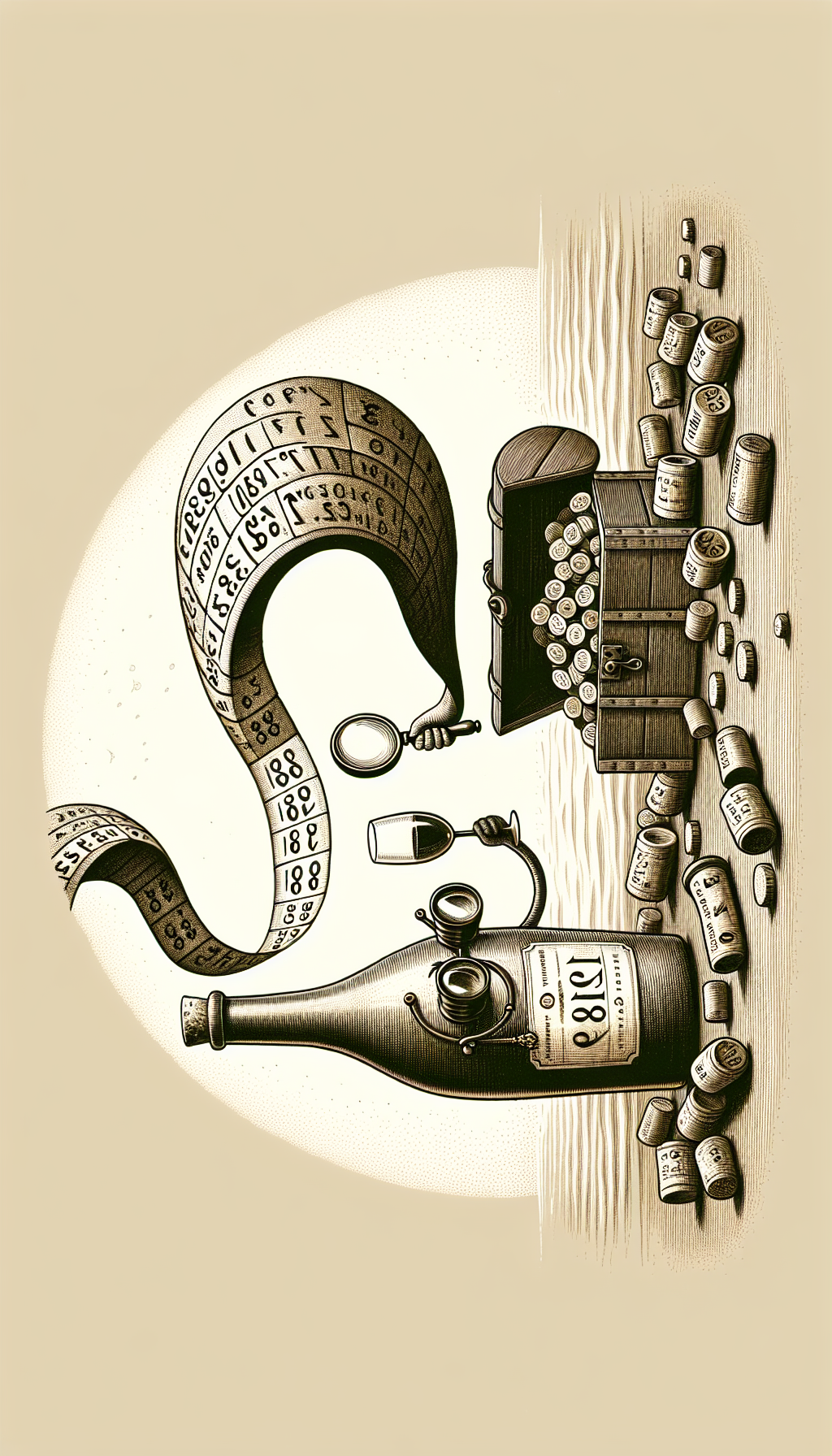 A whimsical, sepia-toned illustration featuring an anthropomorphic, monocle-clad bottle perched on a treasure chest overflowing with aged corks and vintage date labels, with a magnifying glass in hand. The bottle examines a swirling ribbon of dates transforming into coins, symbolizing the correlation between the age of bottles and their value, blending nostalgic etching with modern flair.