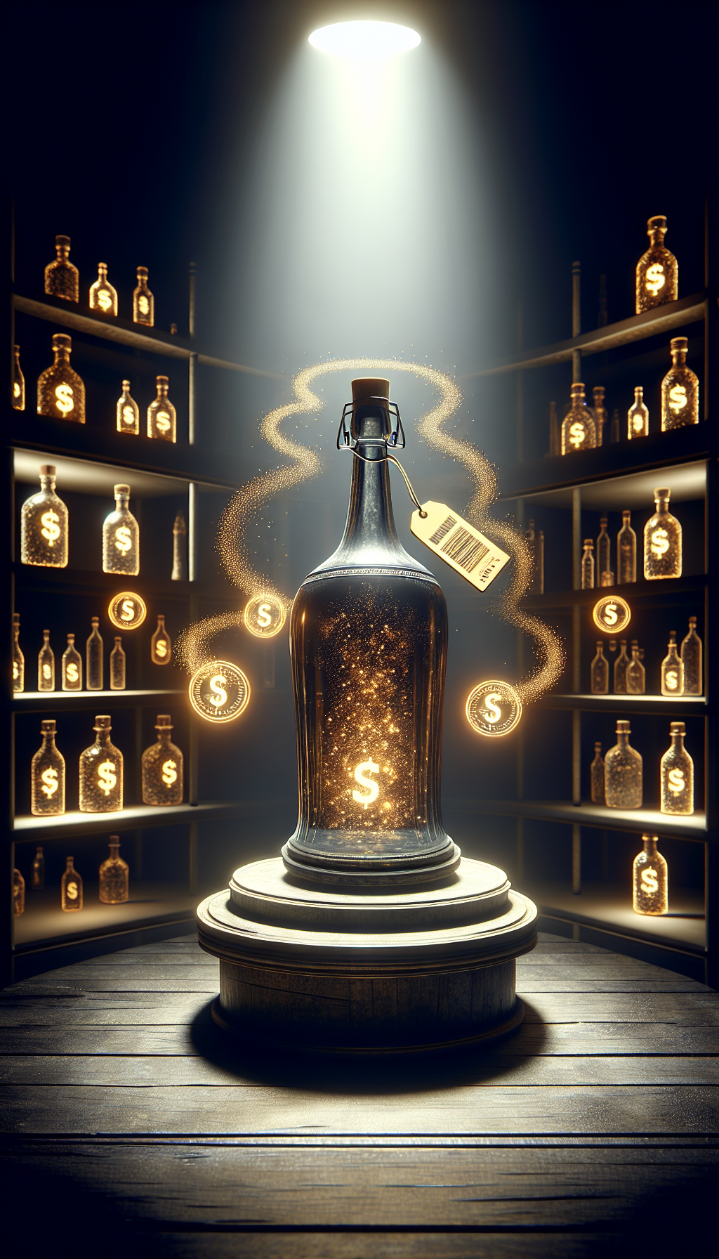An antique glass bottle stands on a pedestal, bathed in a spotlight against a backdrop of shadowy shelves filled with indistinct bottles. A price tag hangs off the bottleneck, displaying an exorbitant figure that gradually increases in size as digital scarcity icons (e.g., a low quantity alert) orbit the bottle like shimmering, golden dust.