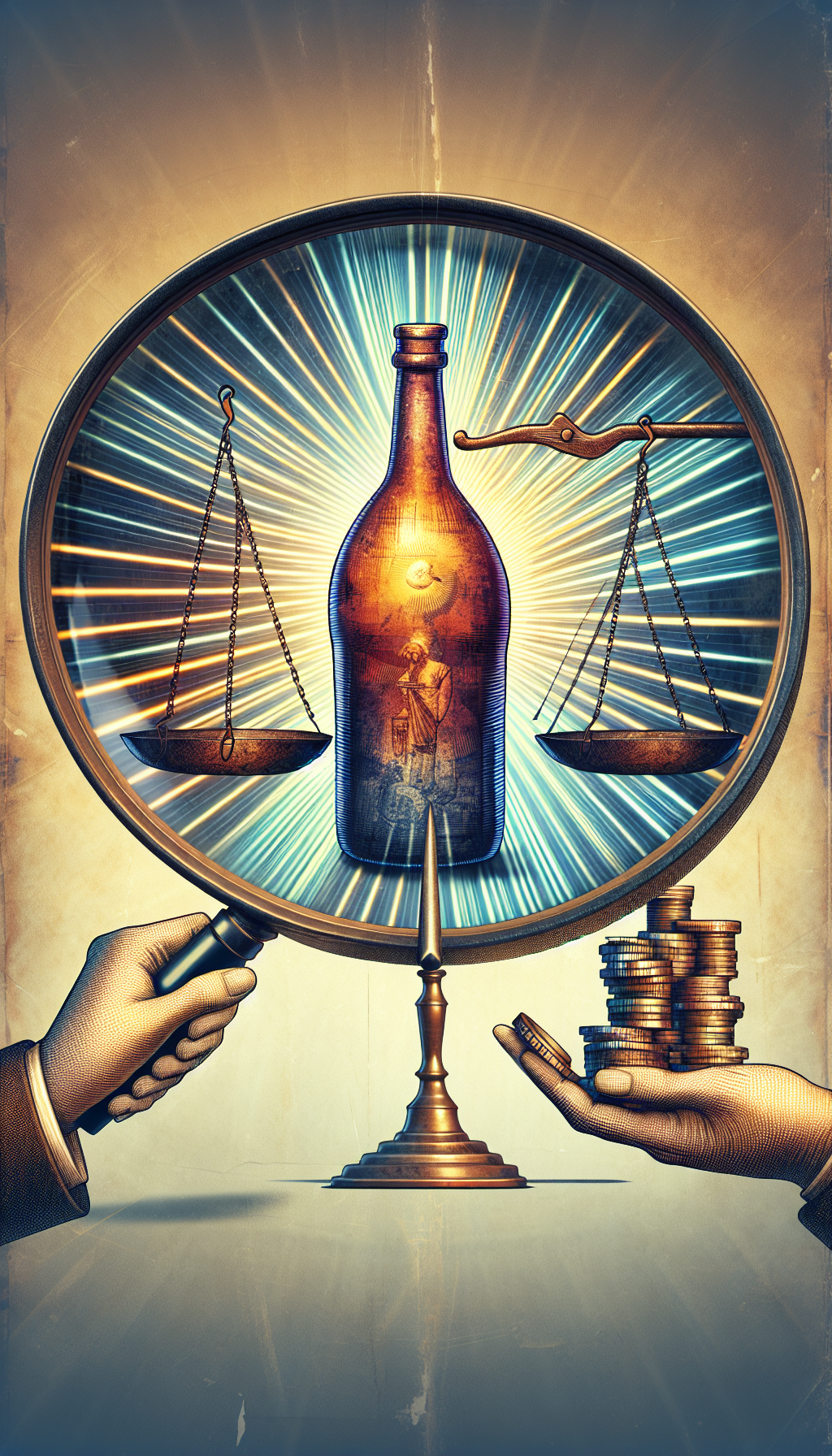 A magnifying glass is poised above an ancient, unevenly worn bottle, with lines emanating from it that highlight both its aged patina and subtle forgeries. Beneath, a dual-tone scale balances a pristine bottle on one side against a stack of vintage coins. The style shifts from realistic at the focal point to abstract around the edges, symbolizing the subjective nature of assessing old bottle values.