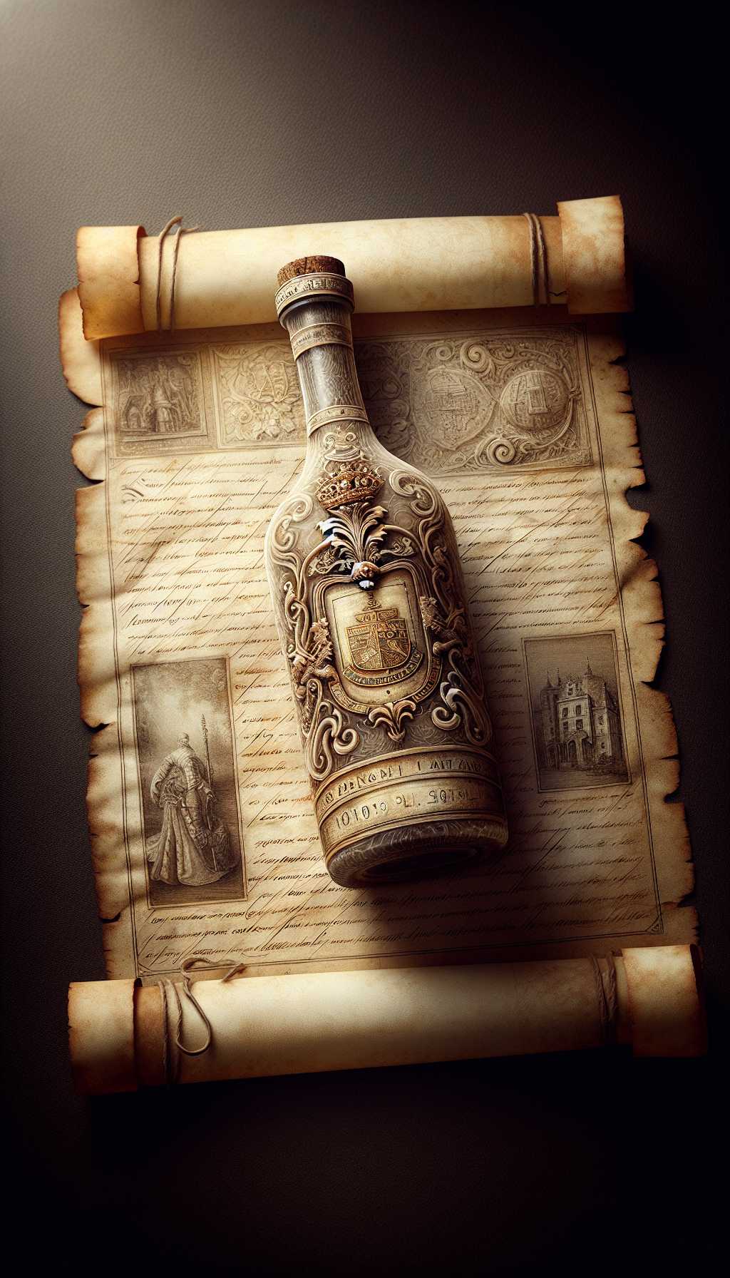 An antique bottle sits atop an ancient scroll, its label worn but bearing a prominent, prestigious vineyard's crest. Delicate, translucent lines of lineage trace from the bottle to key historical events depicted in faint vignettes within the scroll's unfurling edges. Intricate baroque patterns frame the peculiar treasure, symbolizing its provenance and its weight in the valuation of bygone treasures.