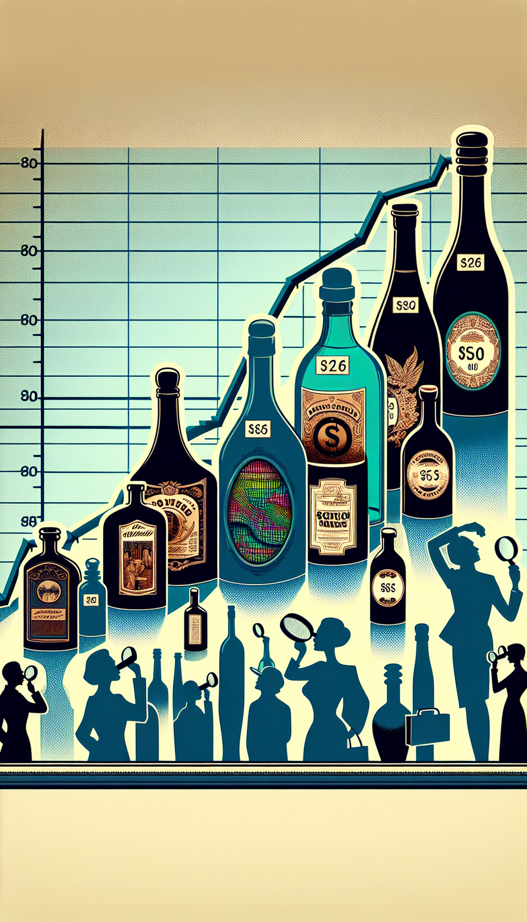 An illustration depicts a graph made of ascending vintage bottle silhouettes, each casting a shadow of its price tag. The highest bottle reflects current market peak with a vibrant, holographic label, while background collectors with magnifying glasses admire various styles—art deco, Victorian, contemporary—echoing diversifying trends and the value of aged collectibles within an ever-changing market.