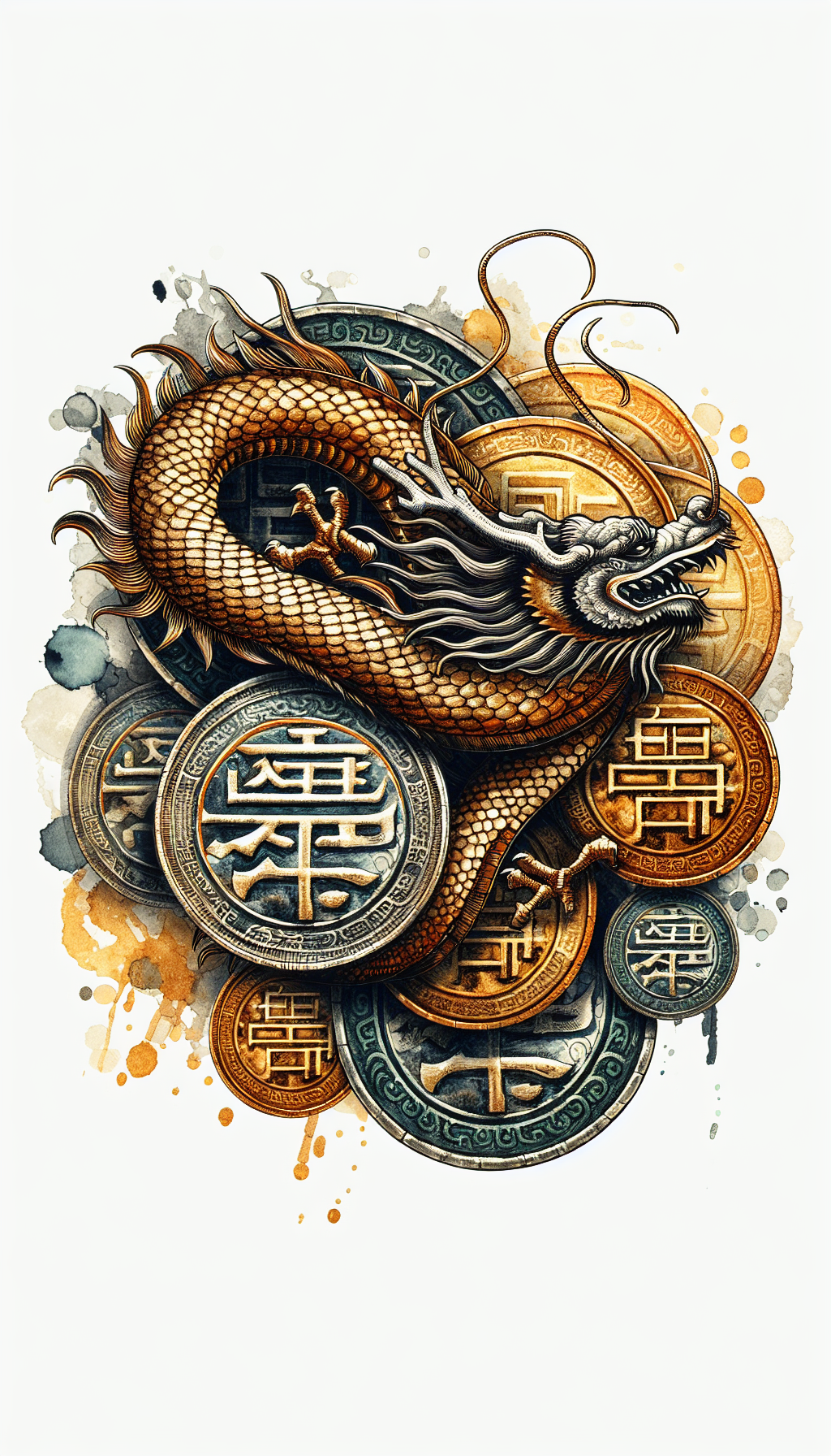 An intricate illustration depicts a majestic dragon gracefully entwined around ancient Chinese coins, with symbols of wealth such as golden ingots, and rice stalks subtly woven into its scales. Each coin is detailed with traditional calligraphy and iconography, shimmering as if hinting at their once formidable purchasing power, blending watercolor textures with sharp, metallic linework to signify a fusion of prosperity and enduring value.