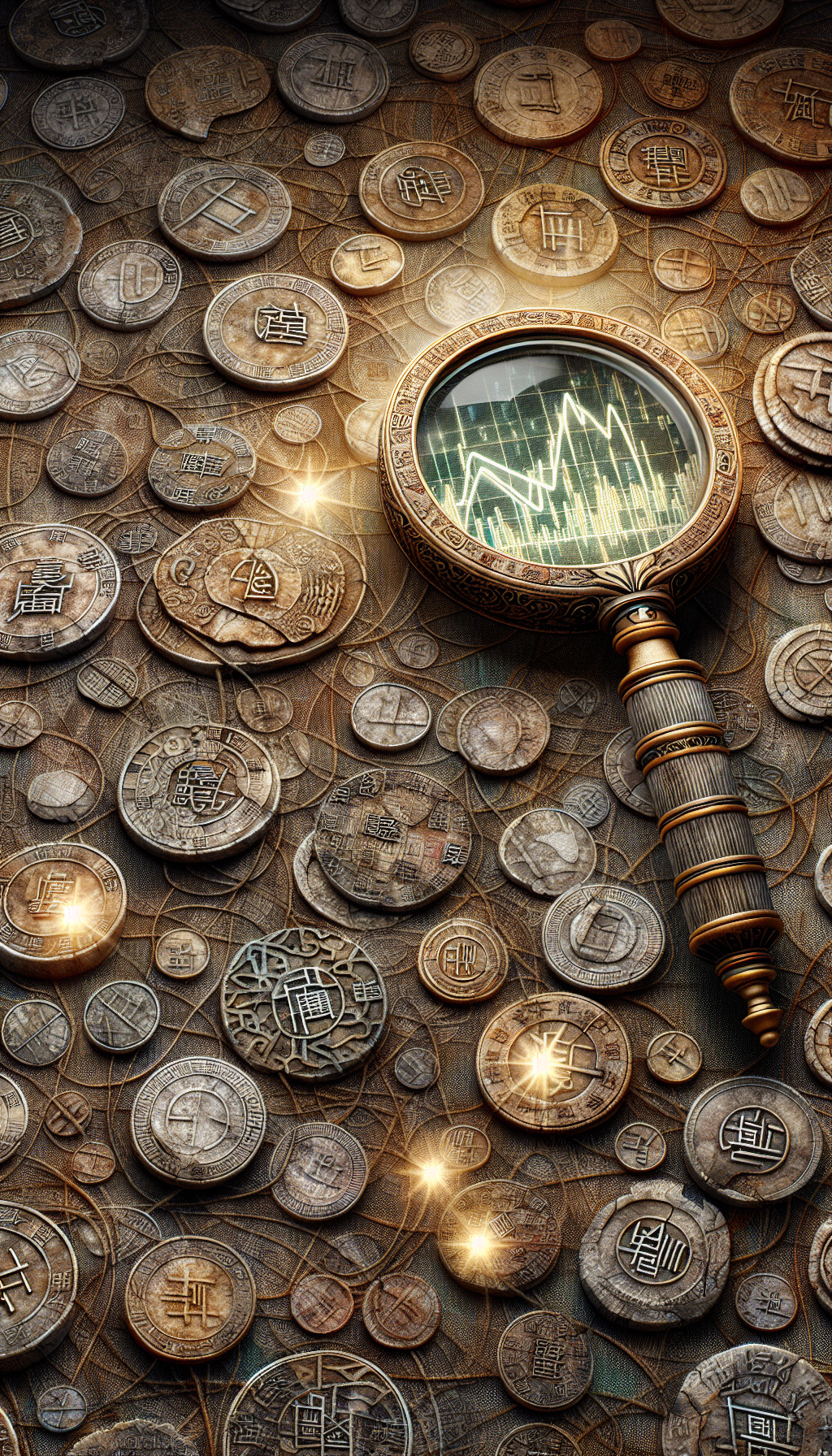 An intricately detailed magnifying glass hovers above a tapestry of overlapping ancient Chinese coins, each bearing distinct age marks and emblematic designs. Beneath the glass, the coins transition into shimmering, illustrative value graphs, with scattered calligraphy-style timestamps subtly indicating their historical periods. The occasional gleam of light suggests the elusive nature of assessing their true value.