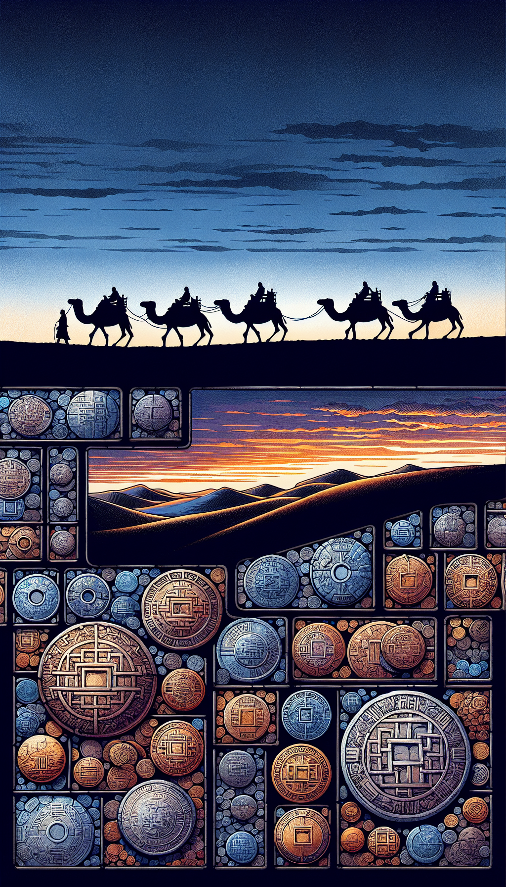 A camel caravan traverses the undulating dunes of the Silk Road under a twilight sky, its silhouette framing piles of ancient Chinese coins bearing distinct square holes. Each coin is intricately detailed in varying art styles—some sketched, others watercolored, a few in pixel art—to symbolize the diverse cultural exchange and historical wealth that influenced their value.