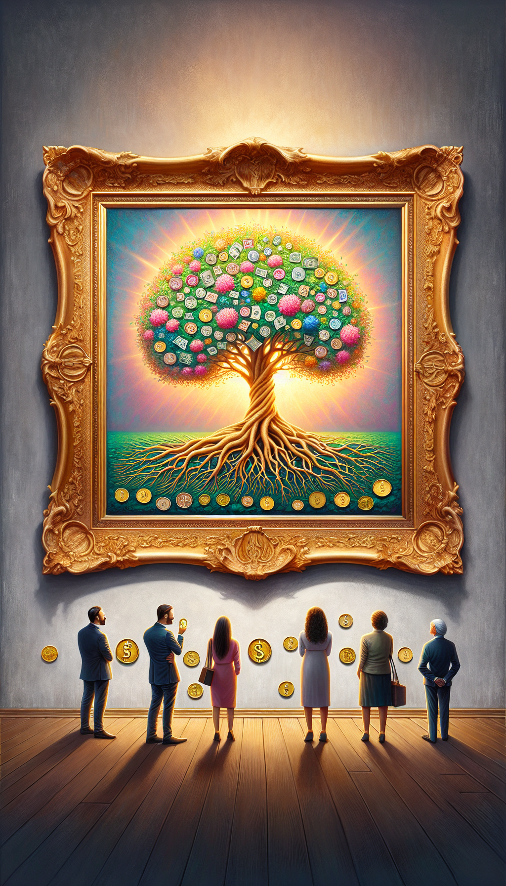 An elegant, golden frame encases a vibrant canvas that transforms into a flourishing money tree, its roots wrapping around the frame and its leaves subtly shaped like various currencies and tiny classic art icons. A soft light shines down, hinting at the appreciation of value, while art buyers and collectors gaze in awe, their reflections in small coins at the painting's base.