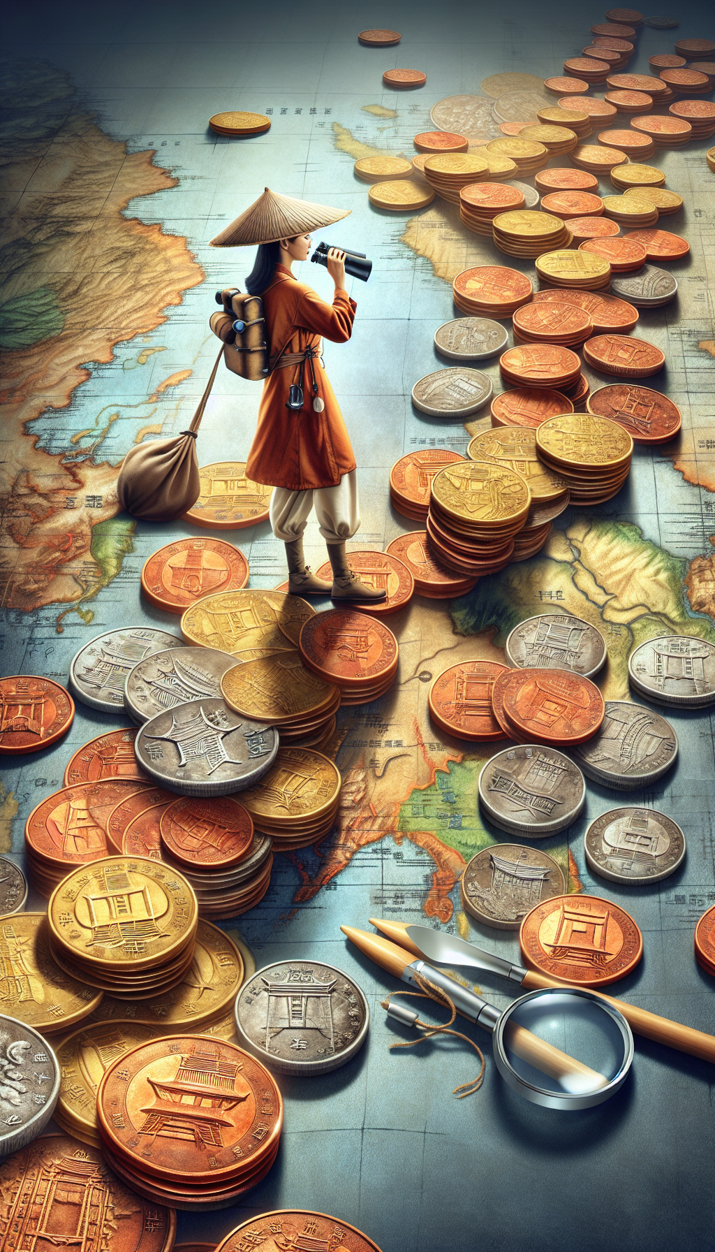 An adventurous figure steps on a metaphorical path of ancient Chinese coins, binoculars in hand and a satchel of magnifying glass and auction paddles. Coins radiate with varying intensity, illustrating their differing values, against a backdrop of a stylized map of China, punctuated with landmarks like the Great Wall and Forbidden City, subtle hints for treasure hotspots.