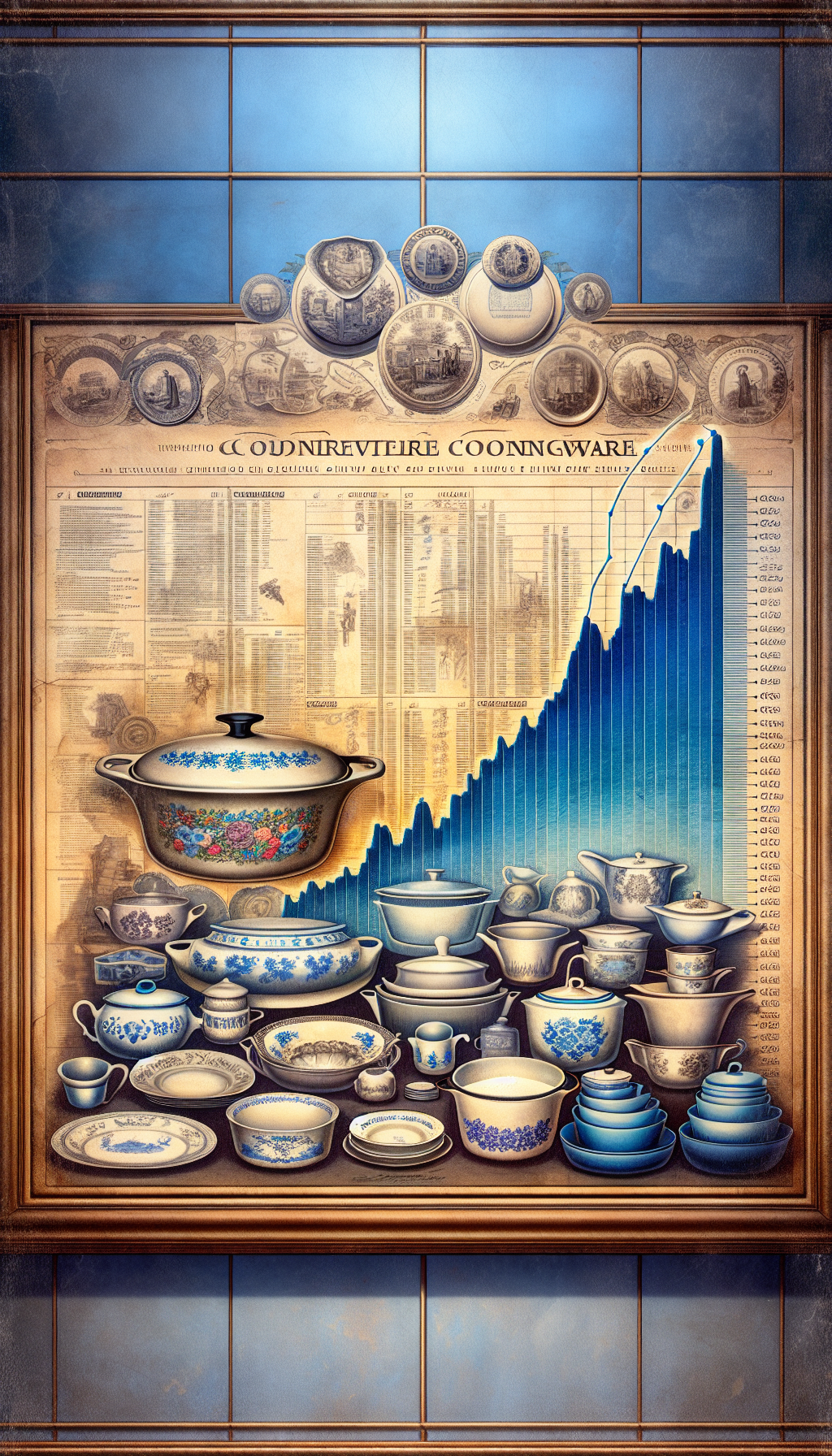 An illustrated montage features iconic CorningWare pieces overlaid on a faded parchment backdrop with historical dates and milestones meandering upwards. A semi-transparent graph foregrounds the image, showing the rising value trend of vintage CorningWare, with a prized Blue Cornflower casserole at the peak, subtly glowing to signify its high collectible status.