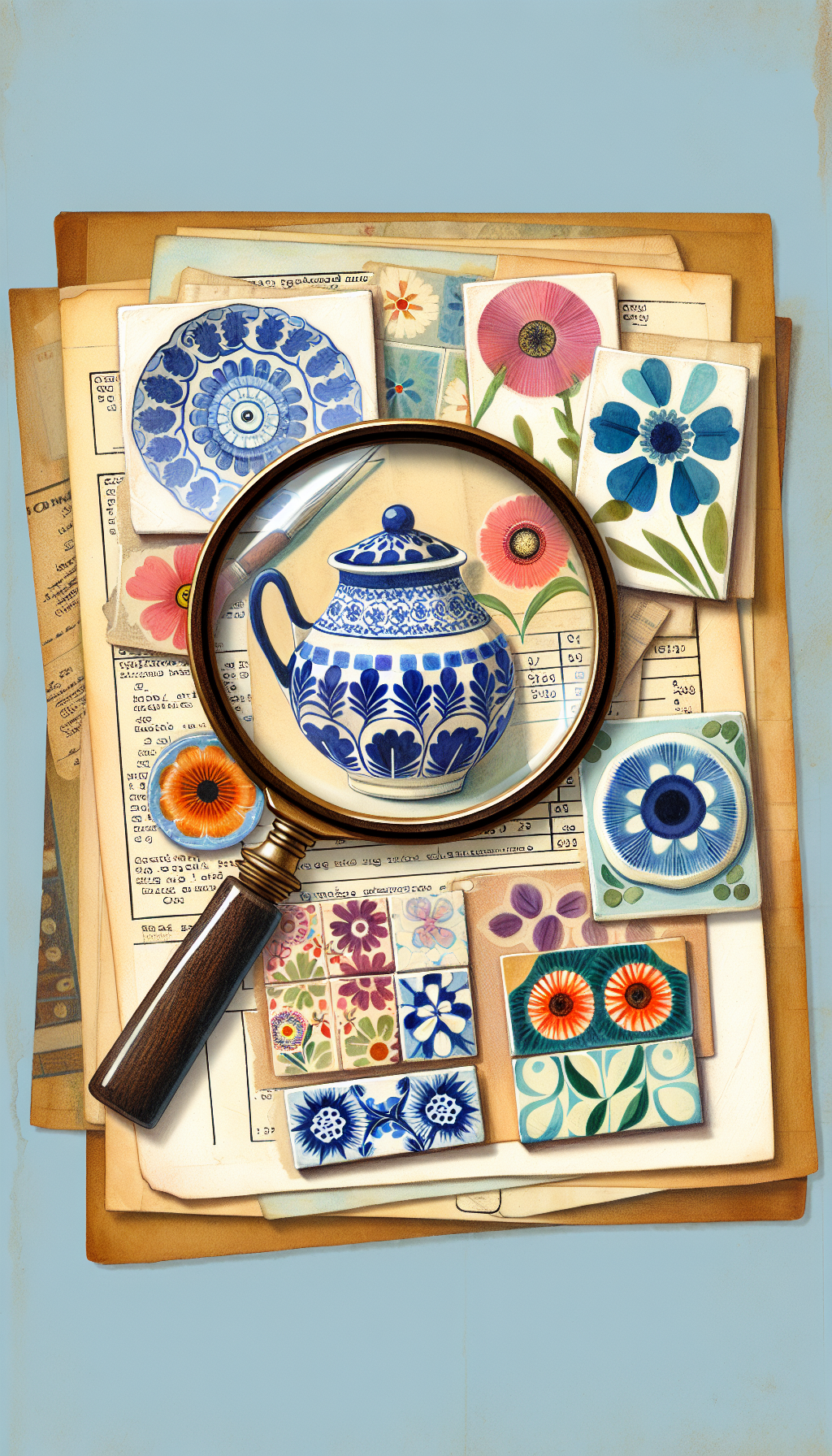 A whimsical, mixed-media collage illustration showcasing a variety of classic CorningWare patterns, like the iconic blue cornflower and the wildflower print, arranged in a detective's magnifying glass. The magnifying glass zooms in on a gleaming piece with a price tag, subtly hinting at high value, against a sepia-toned backdrop of old recipe cards and kitchen scenes, suggesting a nostalgic search through history.