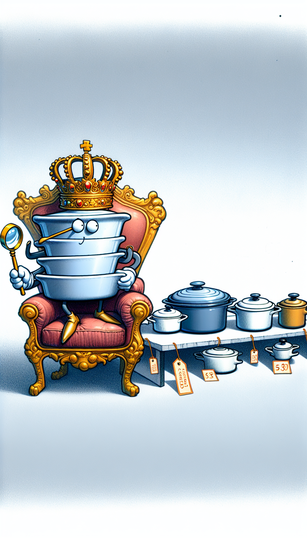 A regal, cartoon-styled anthropomorphic piece of CorningWare adorned with a golden crown and scepter sits atop a throne, inspecting a line of various aged CorningWare pieces with a jeweler's loupe. A subtle price tag hangs from the throne, hinting at high value, while the cookware queue demonstrates a spectrum from pristine to chipped, showcasing the significance of condition in evaluating worth.