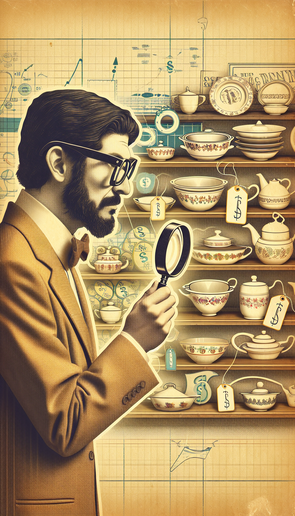A whimsical digital collage shows a bespectacled appraiser magnifying glass in hand, examining a vibrant shelf of CorningWare. A series of price tags float above each piece, with dollar signs and vintage motifs surrounding them. The backdrop subtly transitions from sepia tones on one side to contemporary hues on the other, embodying the transition from past value to present worth.