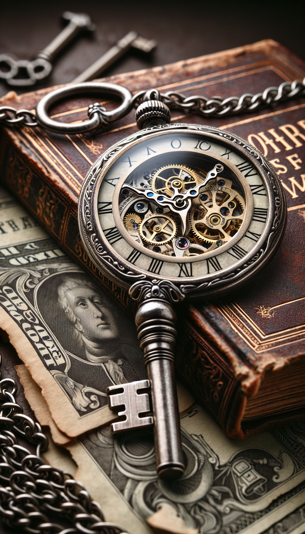 An antiquated, ornate key morphs seamlessly into an elegant Croton watch chain, its head framing a vintage Croton watch face. Intricate gears visible behind the Roman numerals suggest a passage through time. The key-watch hangs over a dusty tome titled "Croton Chronicles," with the book's pages subtly imprinted with coin stacks, hinting at the watch's enduring value.
