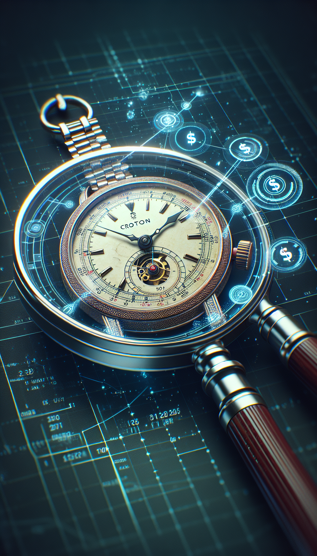 An illustration depicting a magnifying glass scrutinizing a classic Croton watch, with key factors like rarity, condition, and historical significance floating like holographic data points around the piece. The watch's hands are replaced by tiny dollar signs, suggesting its value, while subtle wear and patina on the watch's face hint at vintage authenticity. The styles blend photorealism with futuristic infographics.