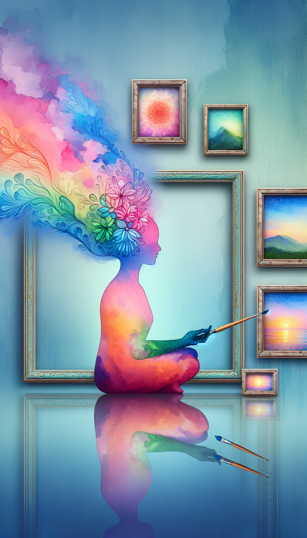 A person seated in a lotus position, their silhouette filled with a vibrant tapestry of paint strokes against a calming, pastel watercolor background. The figure's head gently merges into an elegant brush, symbolizing a mind painting tranquility. Around them, soft-hued, translucent art frames depict serene landscapes, each casting a gentle glow, embodying art's priceless contribution to mental well-being.