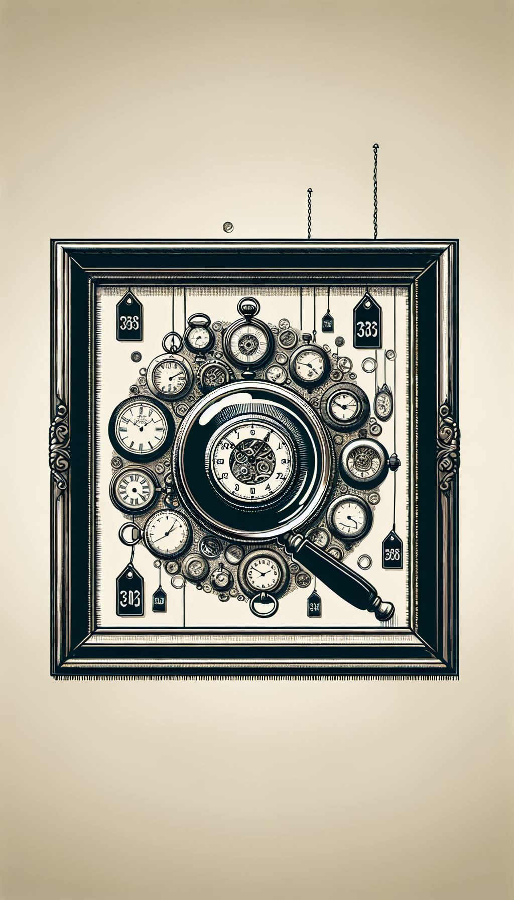 An illustration depicts an elegant vintage pocket-watch-style frame, with Croton watches from different iconic periods serving as the numerals on a clock face. Each watch shines, echoing its era's signature design. In the center, a magnifying glass hovers over a Croton model, highlighting its intricate mechanisms with price tags floating upward, symbolizing the assessment of its value.