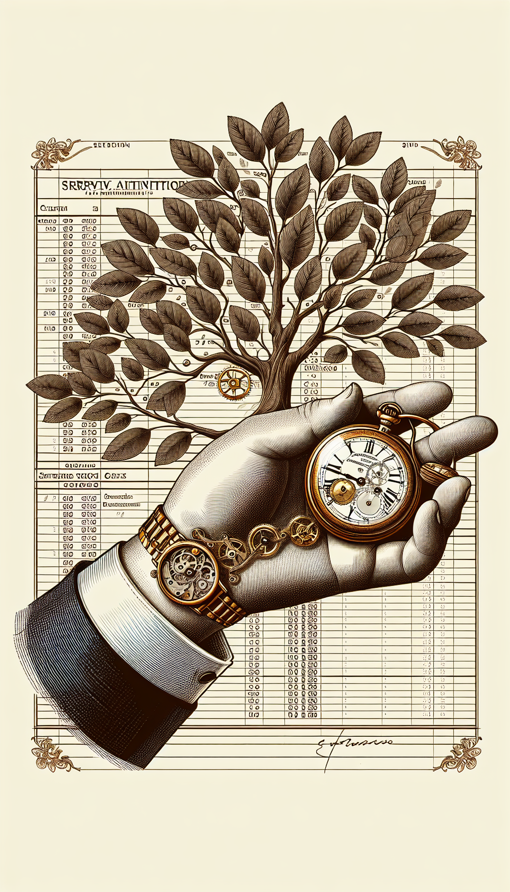 An illustration depicts a distinguished hand holding an intricate old Croton watch, with gears visible, symbolizing its inner workings. Above, a tree of paper service receipts blossoms, each leaf stamped with maintenance dates. The background subtly camouflages a ledger, hinting at the watch's provenance, reinforcing the narrative of careful upkeep enhancing the timepiece's value. Styles vary from photo-realism for the watch to stylized vector art for the tree.