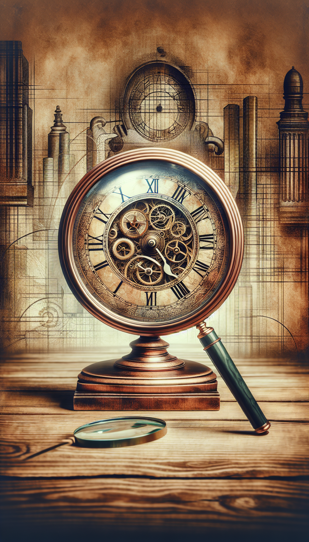 An ornate antique mantel clock sits center frame, its face intricately detailed with roman numerals and delicate hands. A magnifying glass hovers over it, revealing a pattern of hidden gears and symbols underneath its surface, symbolizing the 'decoding'. The background shifts from cross-hatched vintage texture to crisp modern lines, contrasting the old with the tools of modern investigation.