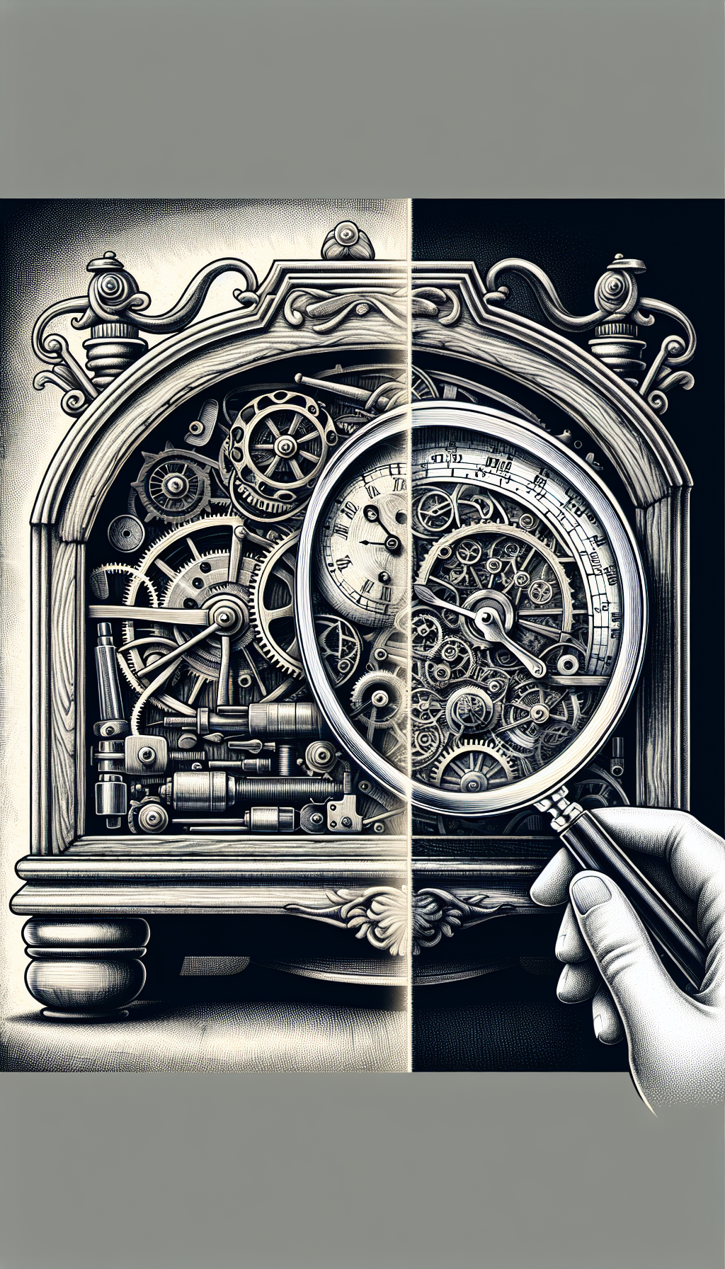 An intricate illustration that depicts a cross-section of an antique mantel clock, with half unveiling its inner cogs and artisan tools, emblematic of the timeless craftsmanship. On the other half, a magnifying glass hovers over unique maker's marks and materials, with stylistic touches ranging from realistic details to vintage etchings, symbolizing the identification process of rare antique timepieces.