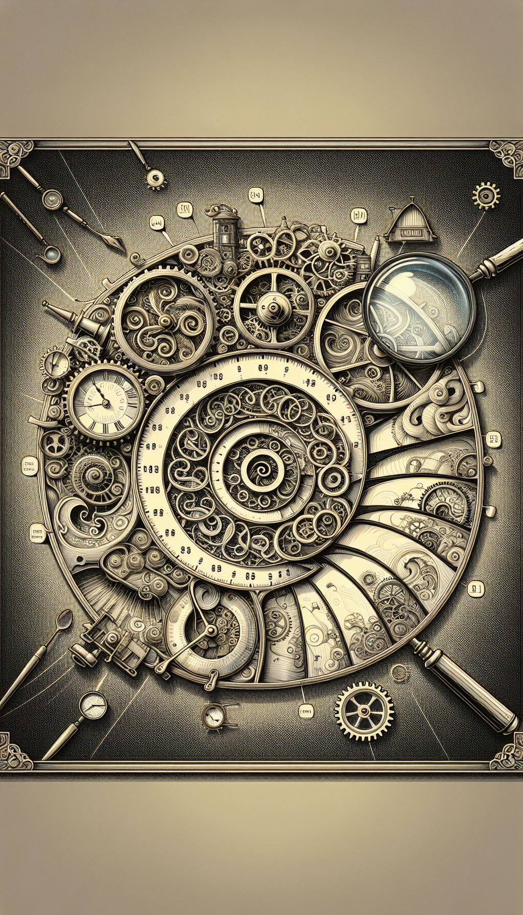 A whimsical, steampunk-inspired mantel clock unfolds its gears to reveal a spiraling timeline within. Each gear, intricately etched with distinct period motifs, symbolizes a different era in clockmaking. Hovering magnifying glasses spotlight rare antique features, as diverse artistic styles—ranging from baroque to art deco—intertwine to guide the eye through the history of mantel clock identification.