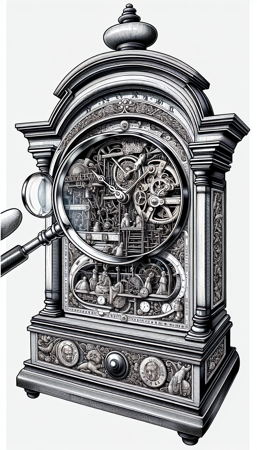An intricate illustration shows a magnifying glass hovering over the face of a classic, ornately decorated mantel clock, unveiling hidden images within its workings: iconic historical events, famous historical figures, and rare coin symbols. The clock hands point to key moments in history, blending different illustration styles such as line art for the internal mechanism and realism for the revealed vignettes.