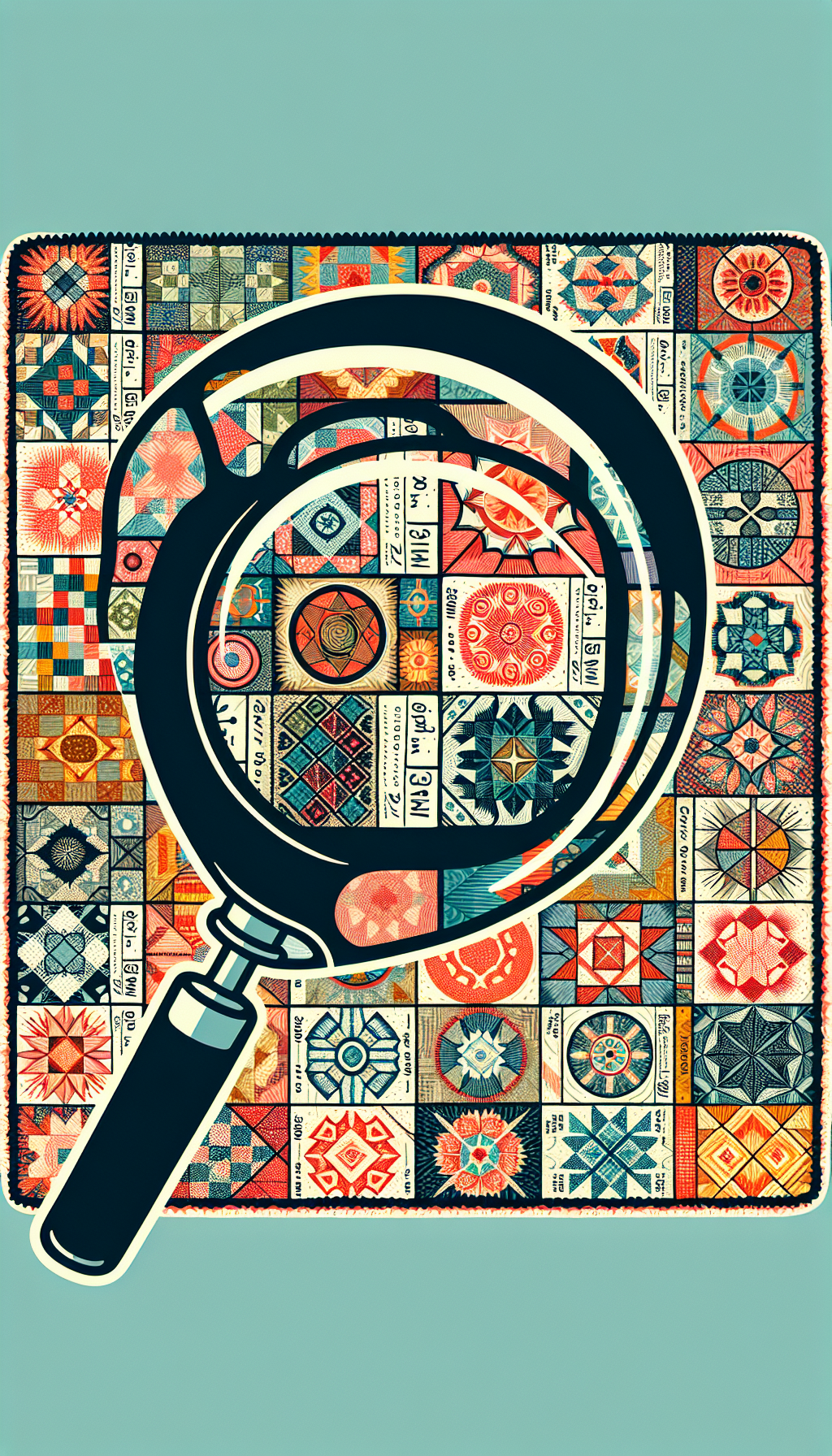 An illustration depicting a magnifying glass revealing a section of a vintage quilt, where each patch showcases a different, intricate Corningware pattern. Underneath the glass, the patterns become sharp and bear labels with their names and years, while outside the magnifying scope, they blur into a sea of retro hues, alluding to the hunt for rare, identifiable Corelle designs.