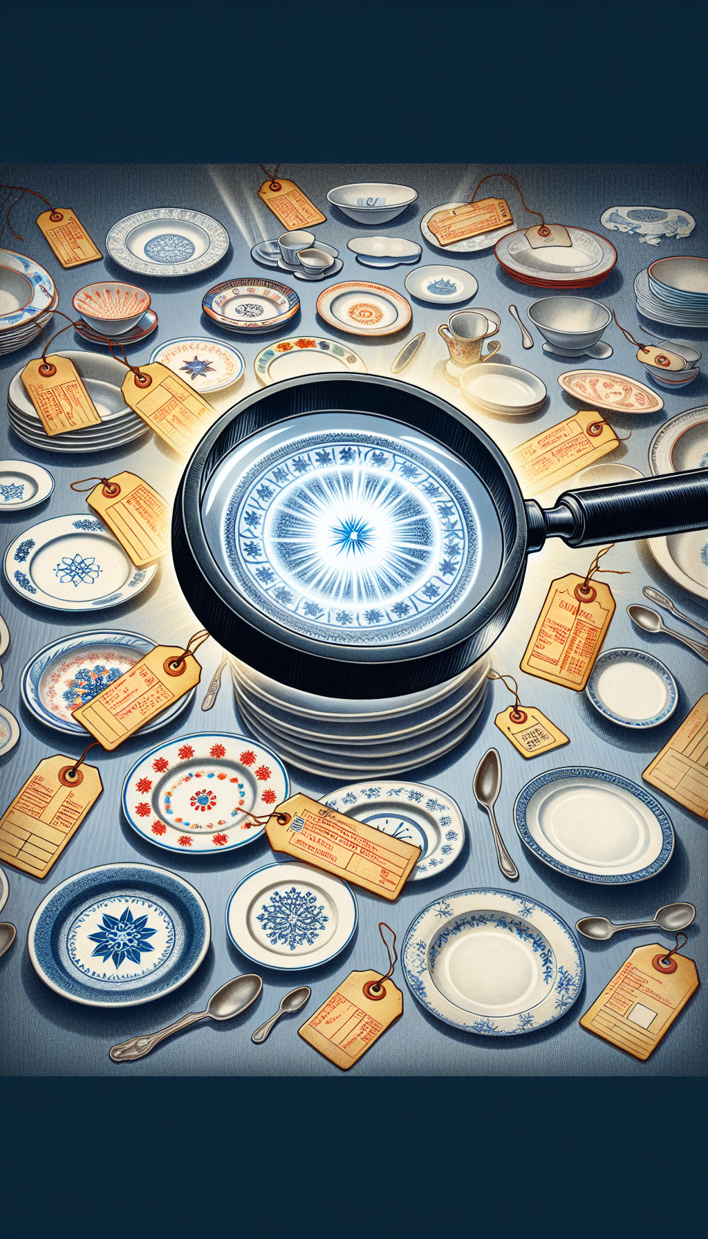 An illustration depicts a magnifying glass hovering over an array of vintage Corelle dinnerware, each piece showcasing a unique, almost forgotten pattern. Beneath the translucent glass, one design illuminates, signifying the rare find, while whimsical annotations and identification tags dangle from the edges, providing a playful yet educational glimpse into the world of Corelle pattern nostalgia.