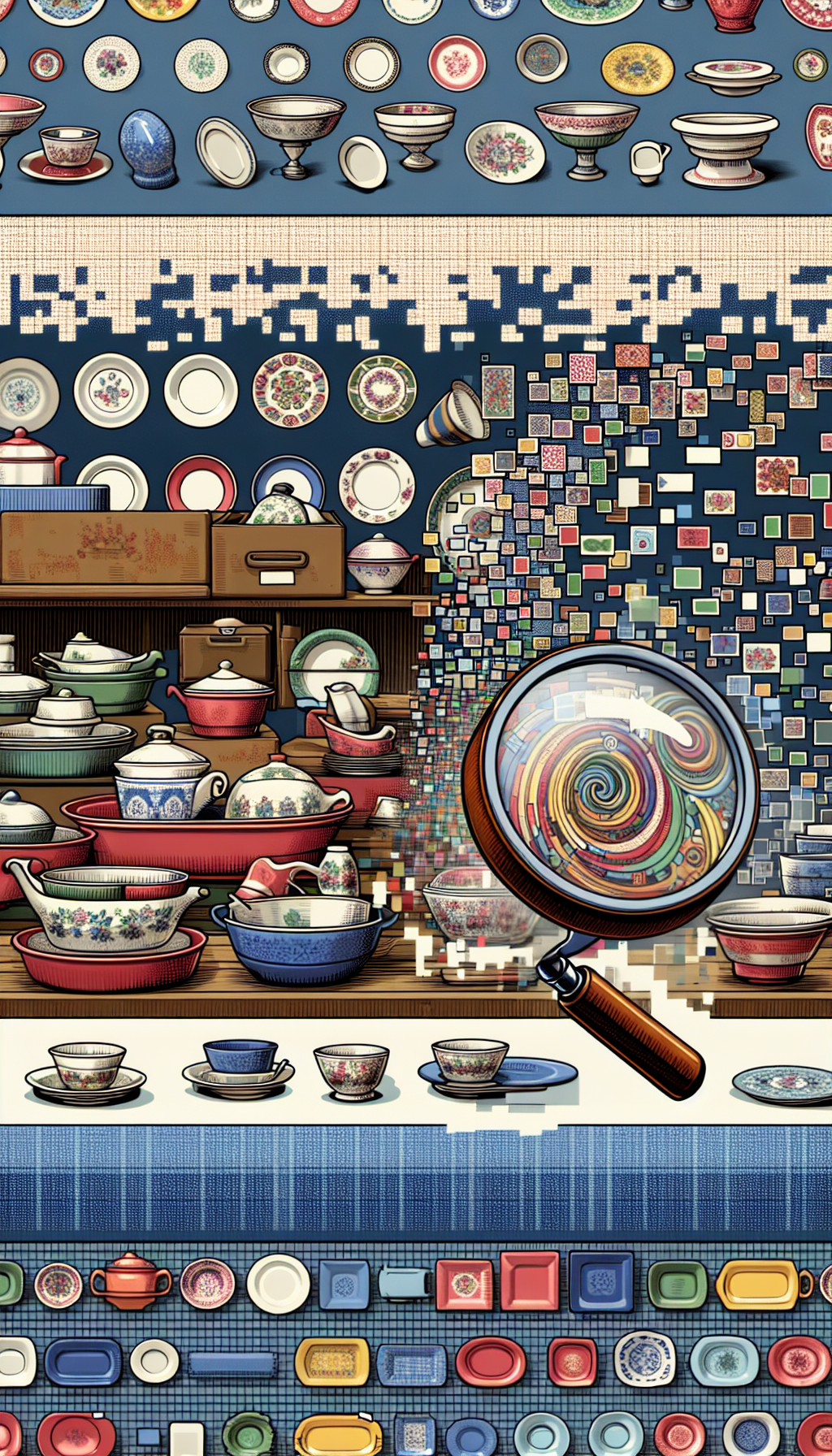 An illustration depicting a bustling flea market scene transitioning into a pixelated online auction platform, with vintage CorningWare and Corelle pieces prominently displayed. Amongst them, an animated magnifying glass hovers, revealing a whimsical, swirling pattern identifier, highlighting a rare pattern within a vibrant patchwork of tableware designs, merging traditional and digital motifs into a coherent visual narrative.