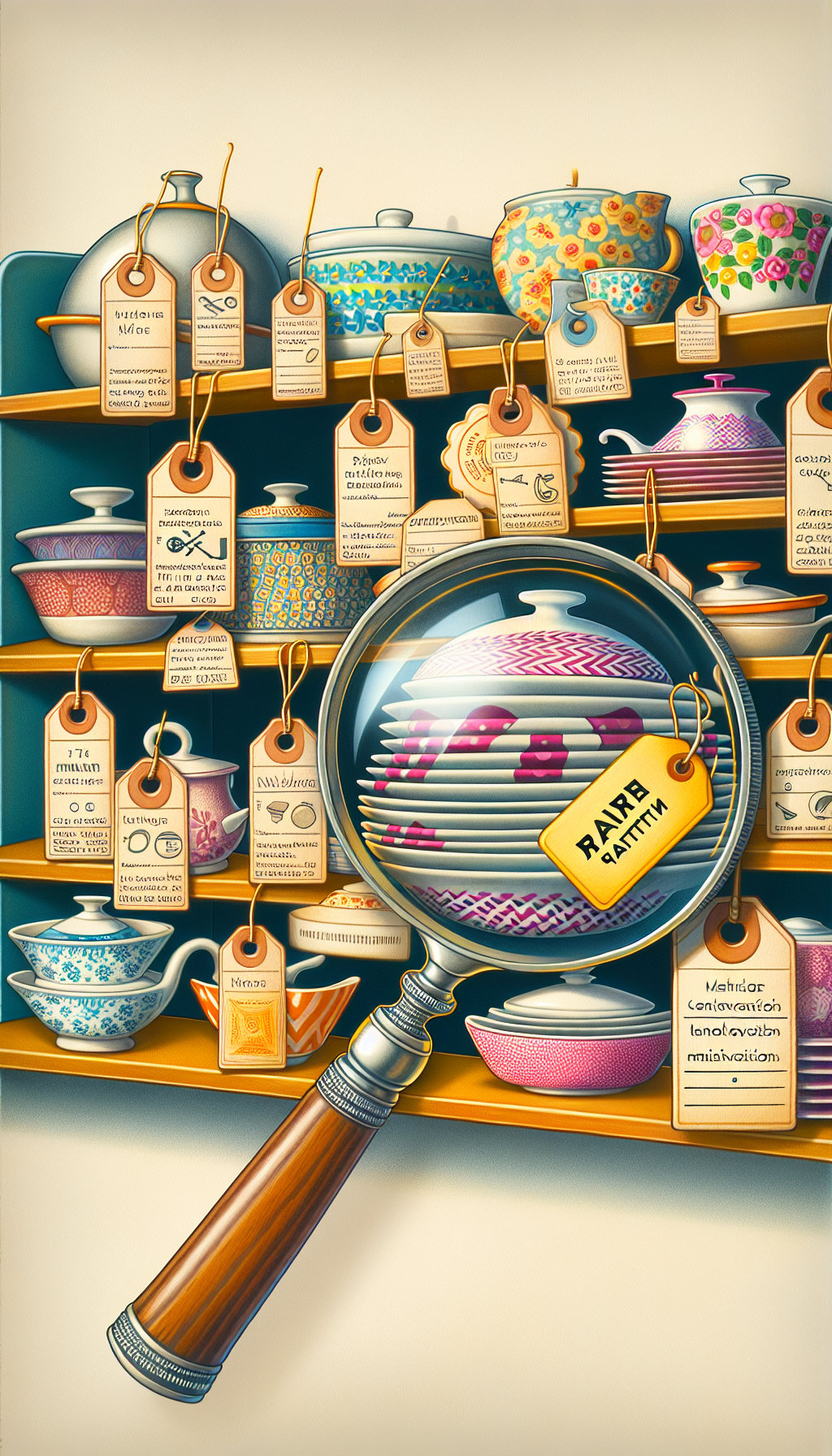 A whimsical illustration of a kitchen shelf holding an array of vintage CorningWare pieces, labeled meticulously with the 'rare pattern' identifiers. A retro-style magnifying glass hovers over, spotlighting a particularly rare piece. The shelf is adorned with small tags offering care tips like "handwash only," creating a fusion of preservation advice and pattern recognition in a charming, colorful vignette.