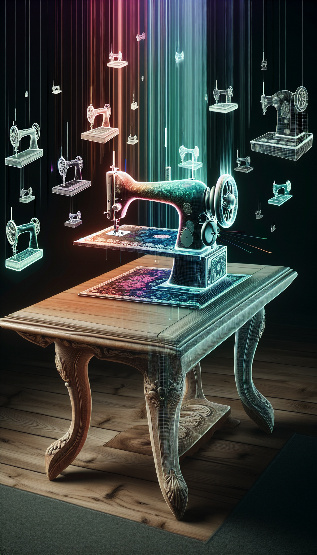 An illustration showcases a ghostly Singer sewing machine phasing between eras atop a regal table, its legs carved with historical timelines. Around the machine, translucent price tags float, each etched with ascending antique values. The table's surface reflects glimpses of different stylistic periods, the wood grains blending seamlessly into fabric patterns sewn through time.