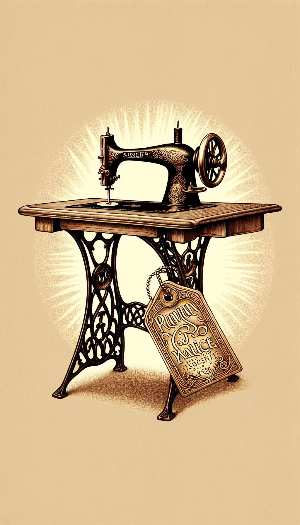 An elegant, sepia-toned illustration showcases an antique Singer sewing machine table, its cast-iron base intricate with Art Nouveau motifs. Hovering above, rendered in radiant gold, is a stylized price tag adorned with cursive inscriptions denoting its high value, symbolically transforming from a practical tool into a cherished relic, capturing the essence of both function and treasured antique.