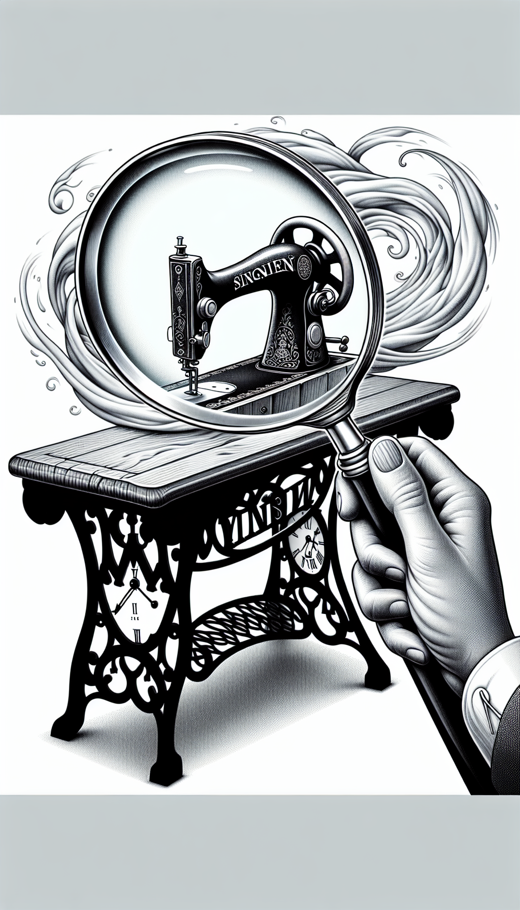 An illustration featuring a magnifying glass held above a vintage Singer sewing machine table, with the legs dramatically engraved with dates and Roman numerals. Through the glass, we see a close-up of the serial number typical of antiques, which subtly transitions into a price tag displaying its high value. The machine and table are enveloped by swirling, misty clock hands, symbolizing the passage of time.