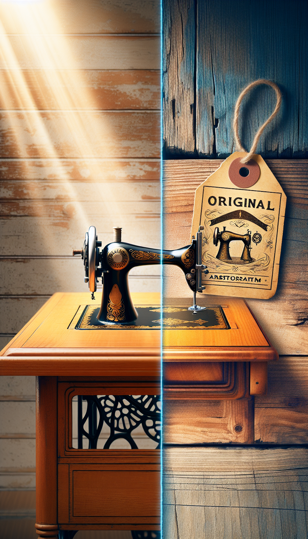 An illustration divided diagonally: on the left, a faded half depicting a vintage Singer sewing machine table with visible wear, representing 'Original Charm.' On the right, the restored version in vibrant colors, showcasing 'Restoration,' with shining wood and a gleaming, functional machine. Both sides feature a translucent tag with the text "Antique Value" connecting the duality of the piece in a harmonious balance.