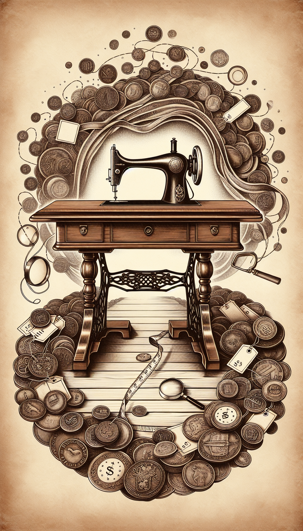 An elegant, sepia-toned illustration shows a pristine antique Singer sewing table against a background of swirling price tags and magnifying glasses, with vintage coins laid out as footsteps leading to an auctioneer's gavel. A tape measure subtly outlines the table's silhouette to signify appraisal, bridging past craftsmanship with present value.