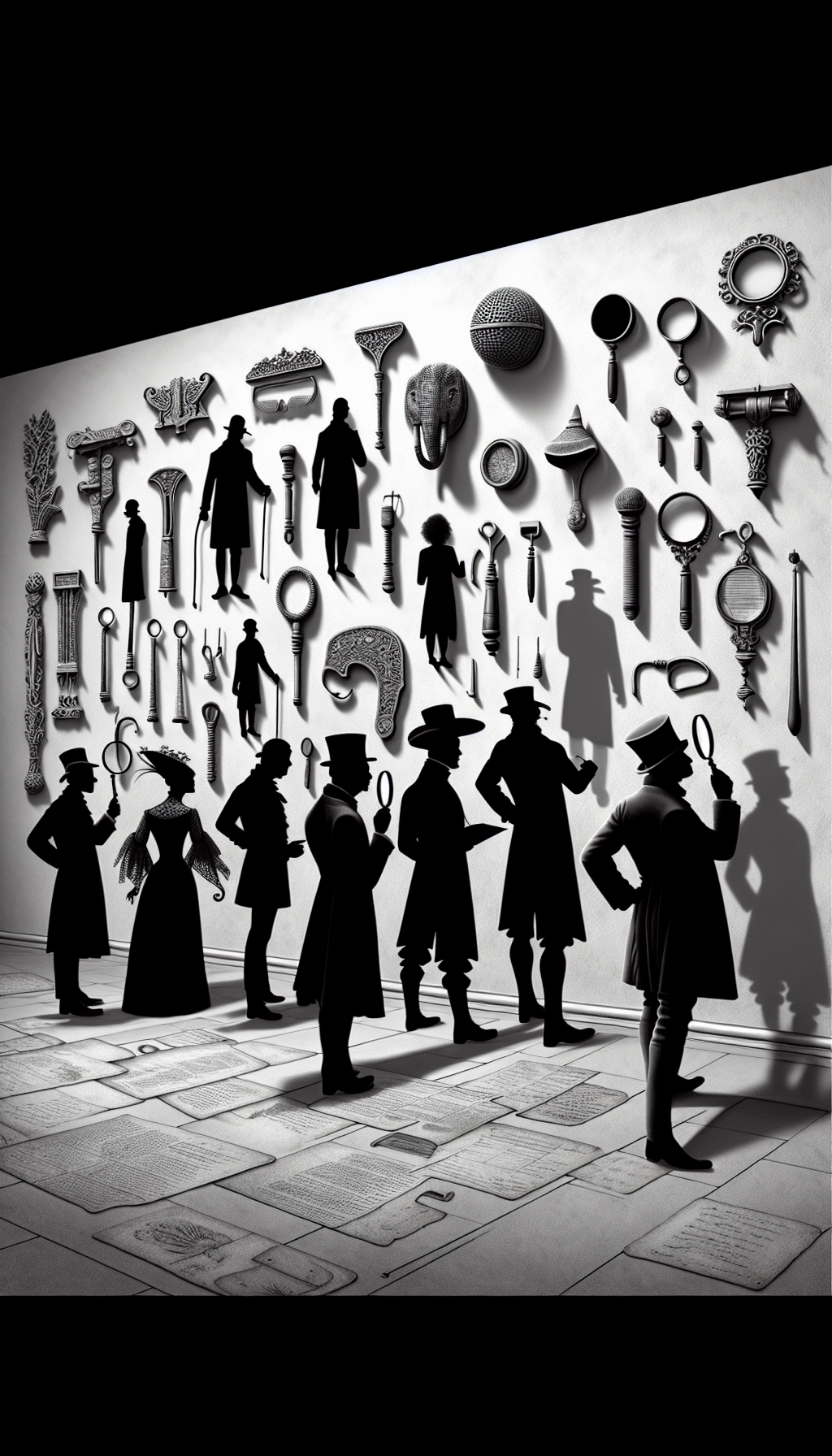 An eclectic tableau of shadowy figures inspecting a wall-mounted display featuring silhouettes of bizarre, antique tools, each casting a unique shadow that hints at its purpose. The figures, drawn in detailed Victorian attire, hold magnifying glasses and ancient manuscripts, contrasting with the minimalist, enigmatic tools, creating a visual puzzle that invites the viewer to decipher the implements' uses.