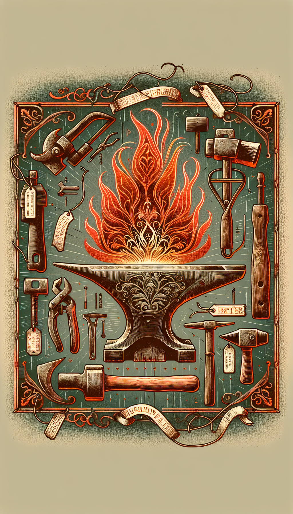 An intricate illustration merges the rustic textures of a farm with the fiery ambience of a forge. At its center, an archaic, ornate plowshare transitions seamlessly into a blacksmith’s anvil where a forge hammer morphs into a unique, unidentifiable antique tool. Whimsical identification tags dangle from each item, inviting the viewer to discover their arcane purposes.