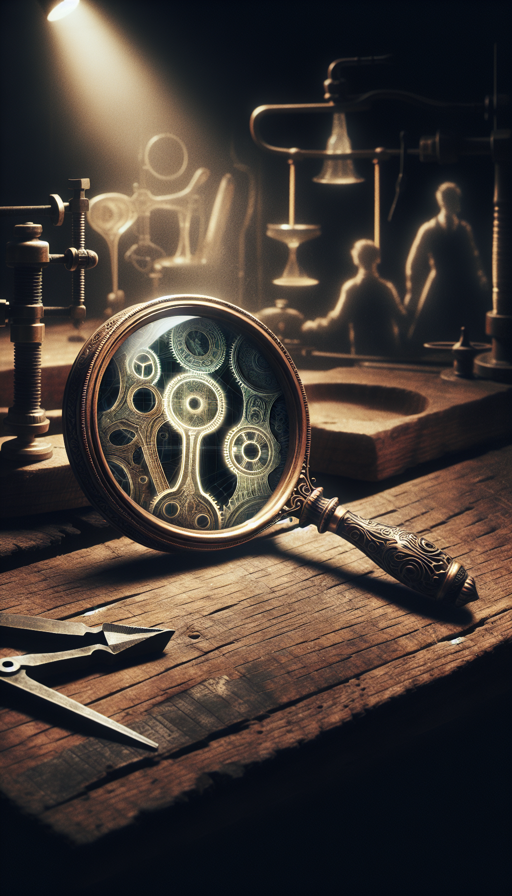 An intricately crafted steampunk-style magnifying glass hovers above a whimsical, antique wooden workbench, revealing spectral outlines of enigmatic old-time tools in its wake. This spectral reveal contrasts against the vividly textured woodgrain, while shadowy figures of craftsmen from the past subtly incorporate their trades around the ethereal tool silhouettes, adding depth and mystery to the art of historical craftsmanship discovery.