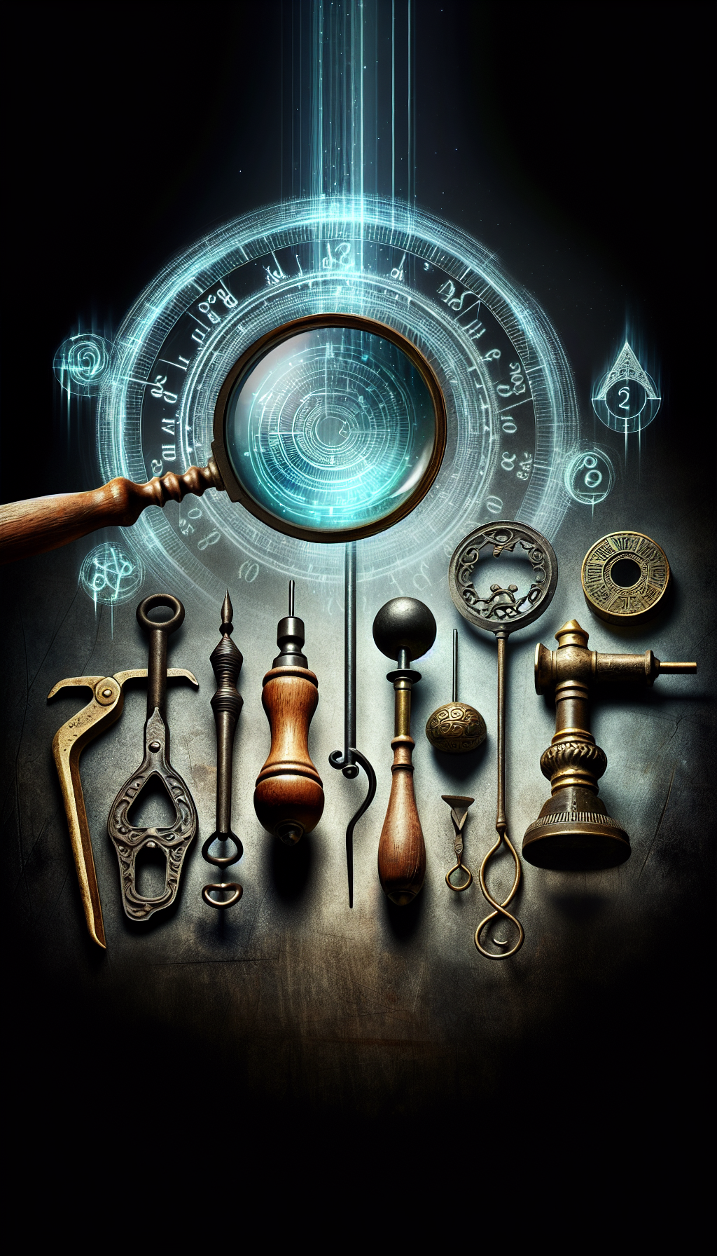 An aged magnifying glass hovers over a medley of shadowy antique tools – a wooden-handled auger, a brass plumb bob, and an intricate, wrought-iron gimlet. Translucent time rings and dates echo around them, while an ethereal watermark symbol, unique to each tool, glows softly for authenticity, exuding a mysterious aura that hints at their peculiar origins and craftsmanship.