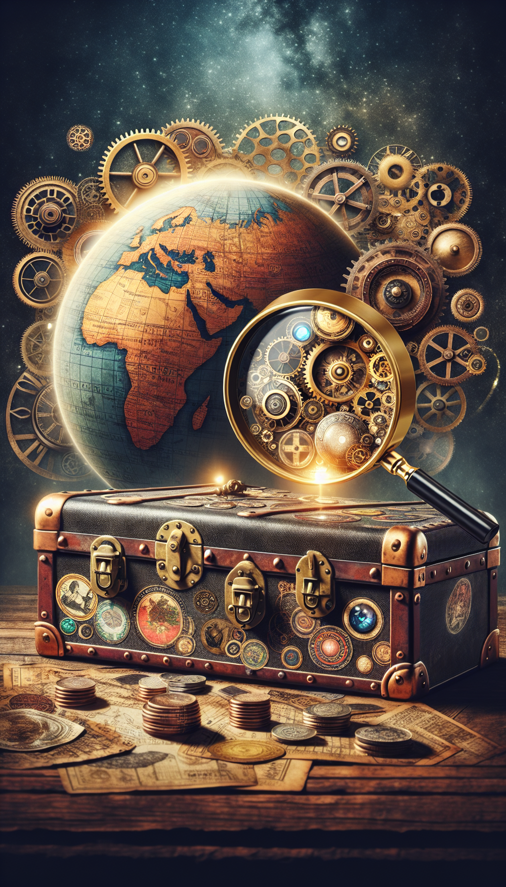 A whimsical steampunk-inspired globe, with intricately gears-intertwined continents, serves as the background for a sturdy, vintage trunk adorned with stickers from different historical eras. A magnifying glass hovers over the trunk, highlighting the increased value symbolized by golden coins and sparkling jewels spilling from its slightly ajar lid, signifying the timeless treasures of antique trunks.