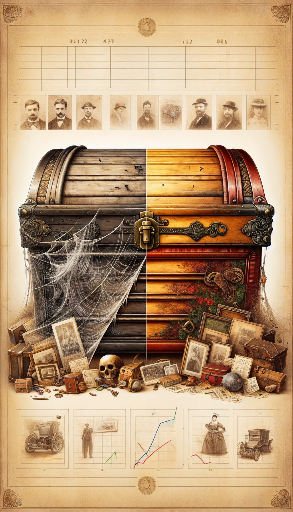 An enchanting illustration featuring a half-restored antique trunk that merges two worlds: the left side is weathered, covered in cobwebs, and accompanied by vintage sepia-tone memorabilia, symbolizing the trunk's past; the right side is vibrant, polished wood with gleaming brass hardware, surrounded by illustrations of appreciative collectors and escalating auction value indicators, celebrating its renewed splendor and worth.