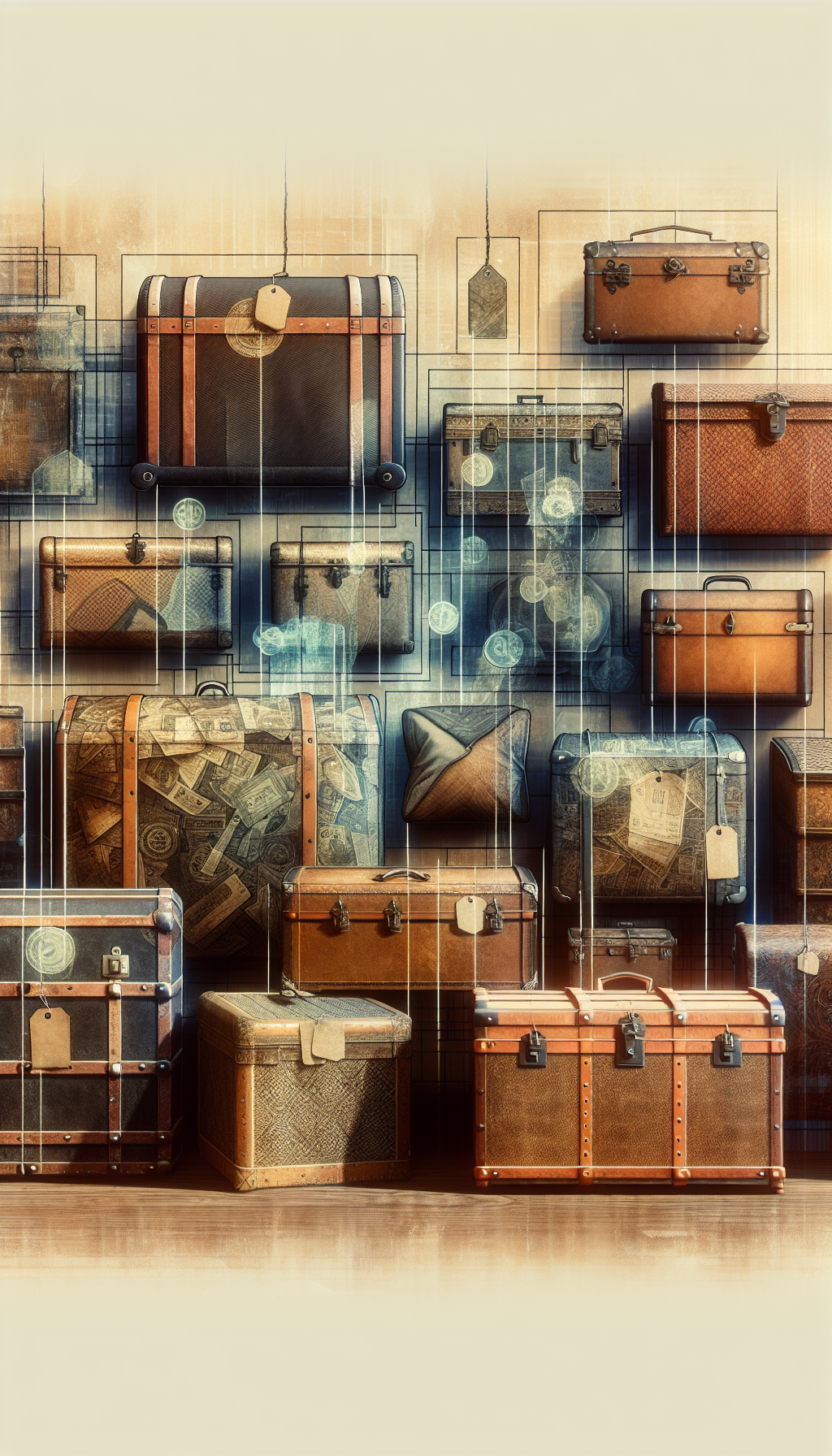 An eclectic montage of antique trunks from steamer to dowry, each intricately detailed, with a shimmering transparent overlay of currency symbols and aged price tags, indicating their worth. The trunks are set against a backdrop of a timeline, subtly showcasing their transition from practical luggage to treasured heirlooms, emphasizing the evolution of their value over time.